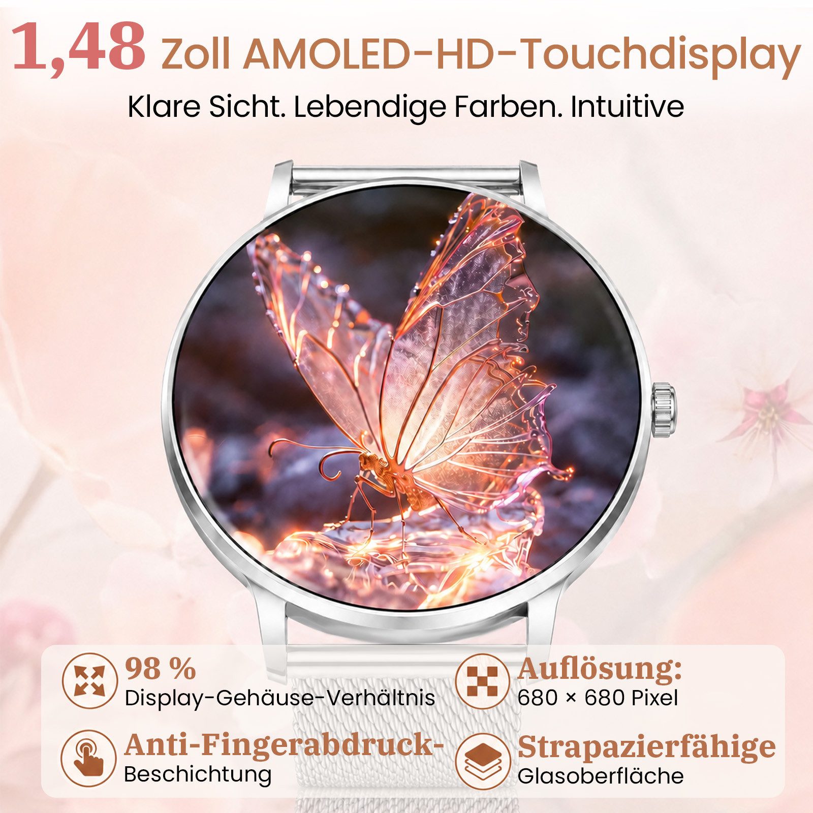 SWGOTA Damen Smartwatch 2026 mit Anrufen, Herzfrequenz, SpO₂ & Blutdruck Smartwatch, 1,48" AMOLED, 4,7 mm ultradünn, Schlafanalyse, Zyklus-Tracking, Bluetooth-T – Bild 4 von 5