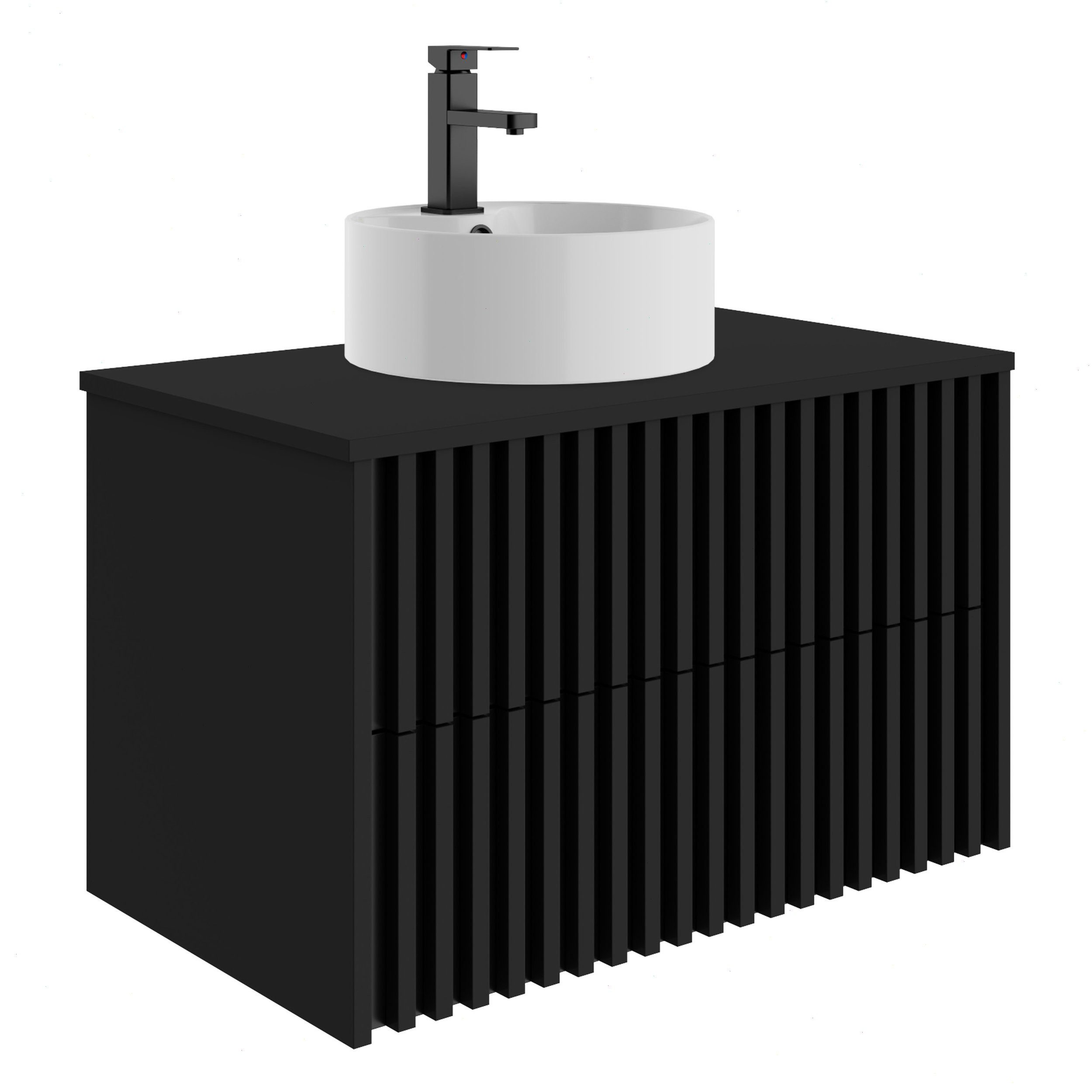 UEV Waschtisch mit Unterschrank hängend Rundes Keramikwaschbecken (Komplett-Set Badmöbel, Badezimmmer Schrank, mit Wasserhahn und Pop-up-Ablassventil Aufsatz-Waschbecken), Soft-close Schubladen,Waschbeckenunterschrank mit 2 Schubladen