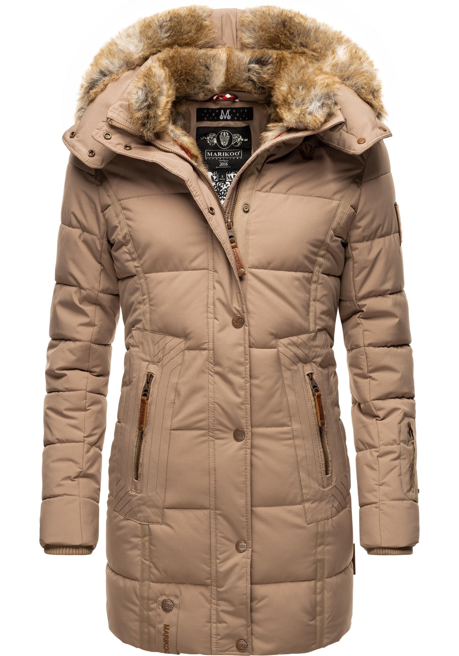 Marikoo Wintermantel Lieblings Jacke stylischer Winter Steppmantel m. Kunstpelz-Kapuze taupe