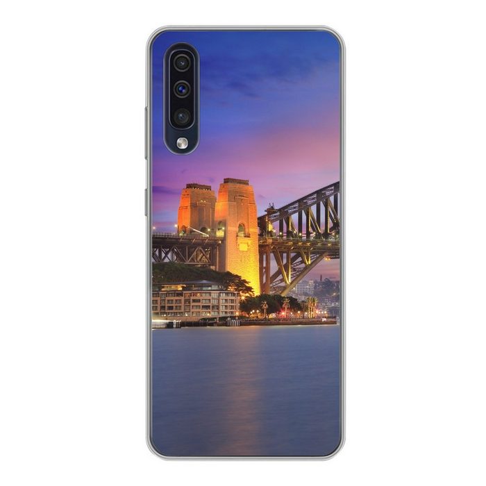 MuchoWow Handyhülle Skyline von Sydney und die Sydney Harbour Bridge in Australien Handyhülle Samsung Galaxy A30s Smartphone-Bumper Print Handy