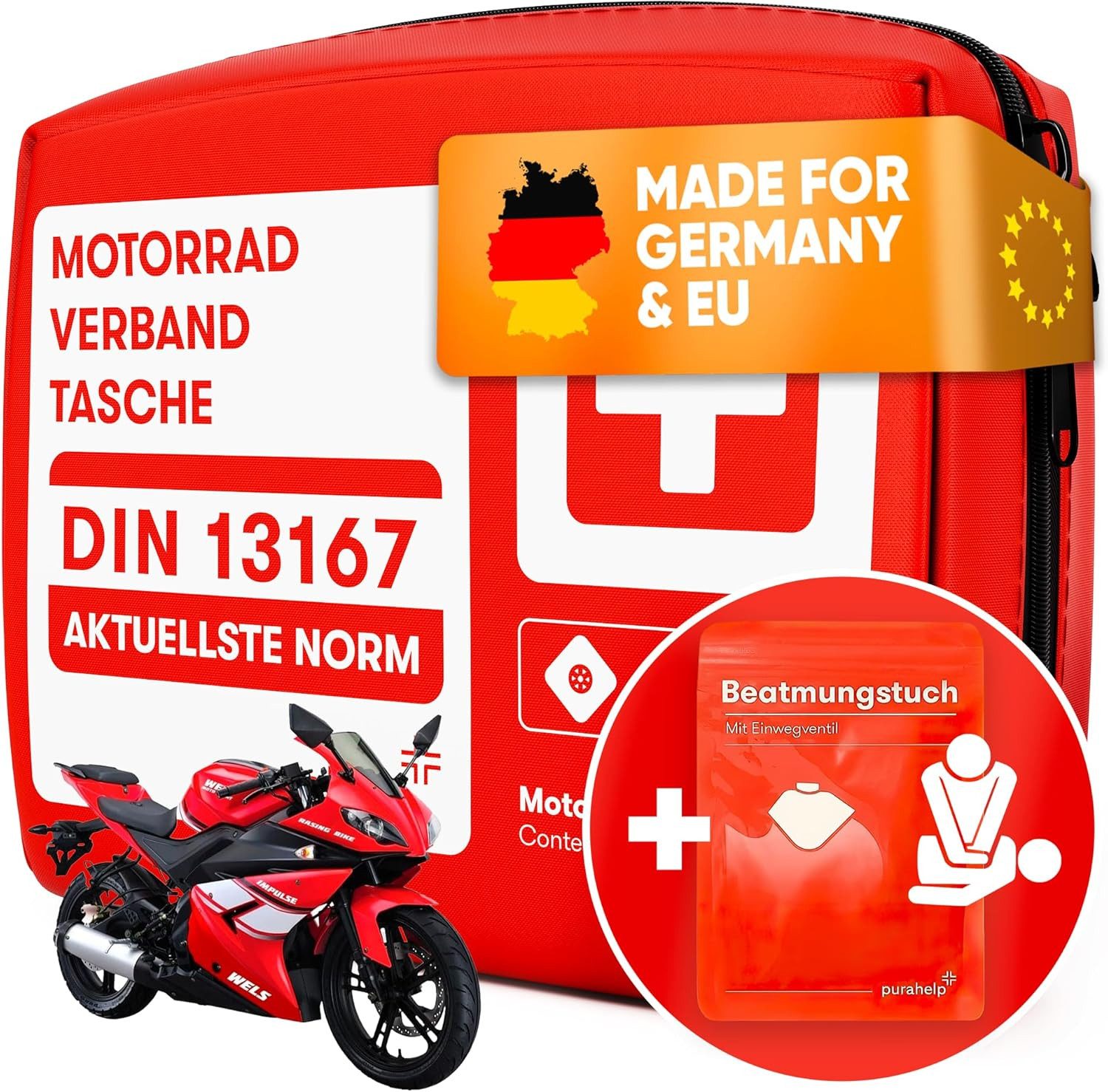 KFZ-Verbandtasche Motorrad Verbandskasten - aktuelle Norm 2025 DIN 13167 (StVO konform)