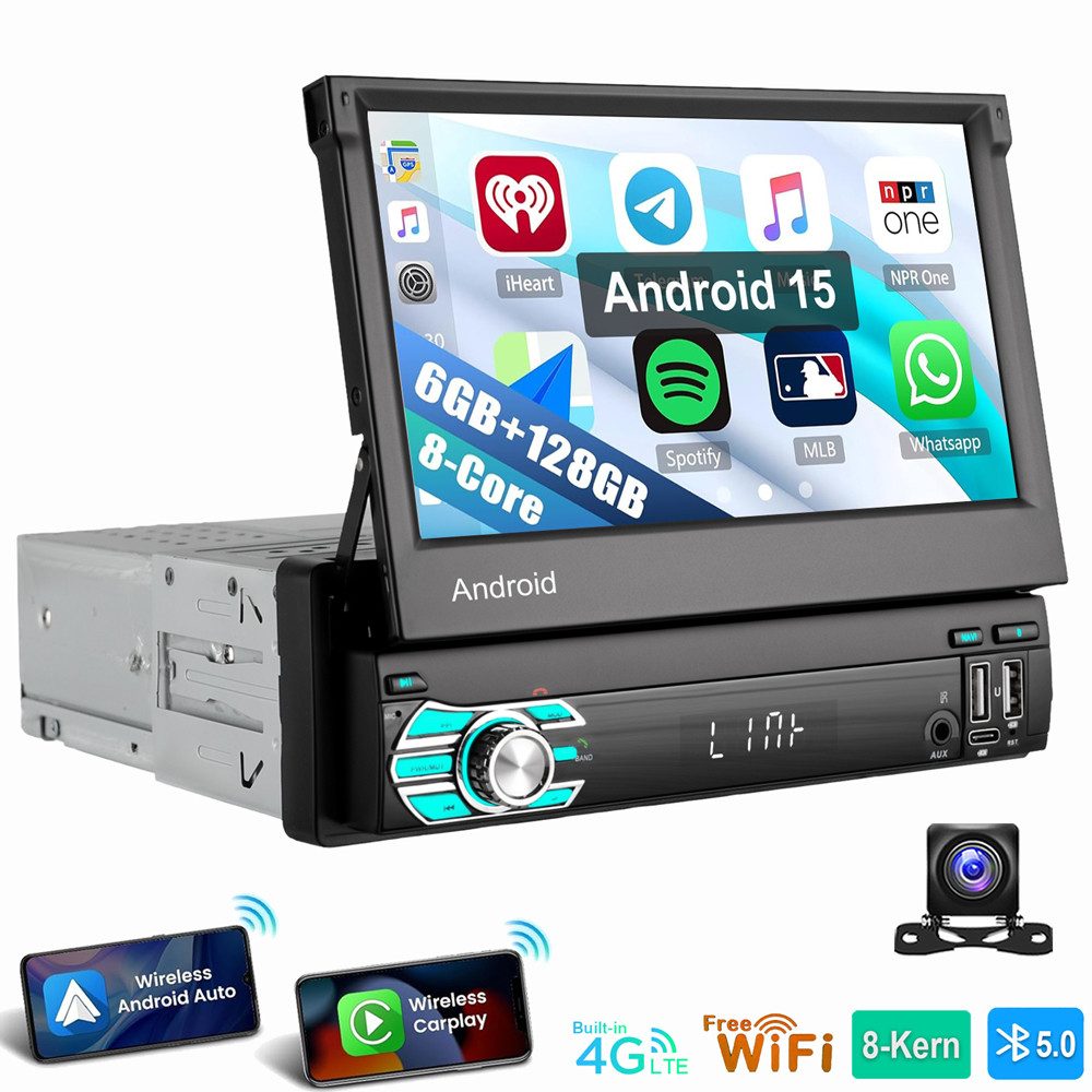 ESSGOO 8-Kern 6+128G Android 15 CarPlay 7" Autoradio GPS Single 1DIN 4G+WiFi Autoradio (RDS, Digitalradio (DAB), FM, AM, Android Auto Bluetooth Navigationsgeräte Rückfahrkamera(optional)