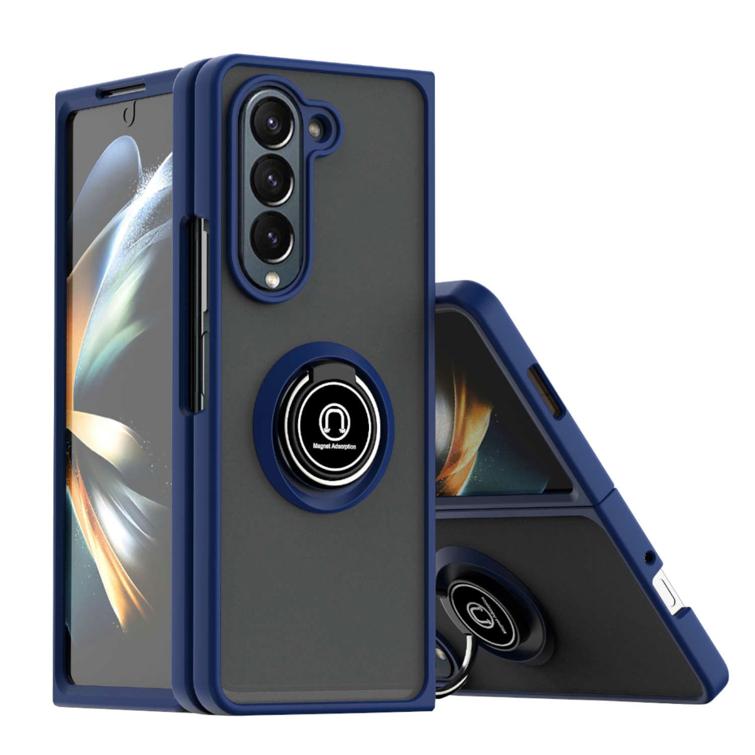 Wigento Handyhülle Für Samsung Galaxy Z Fold5 5G Ring Magnet Handy Tasche Hülle D-Blau