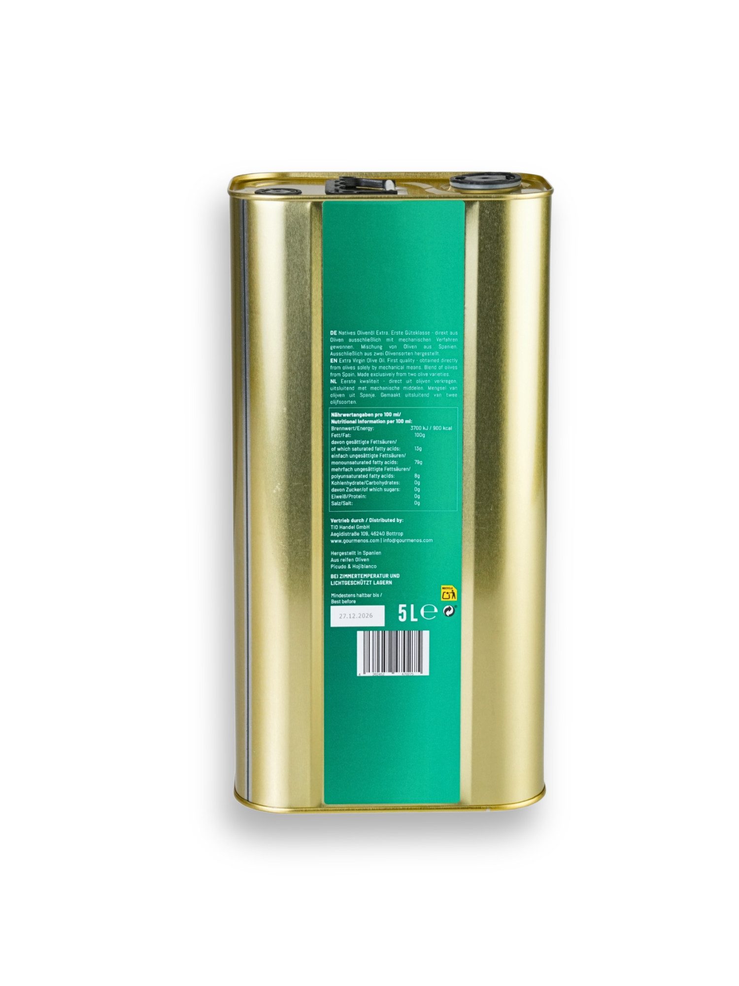 Gourmenos Speiseöl Gourmenos Olivenöl Erste Güteklasse, Kaltgepresst, 0,1% Säuregehalt, 1 x 5 l, 1 St., Kaltgepresst, 0,1% Säuregehalt, Hoher Polyphenolgehalt
