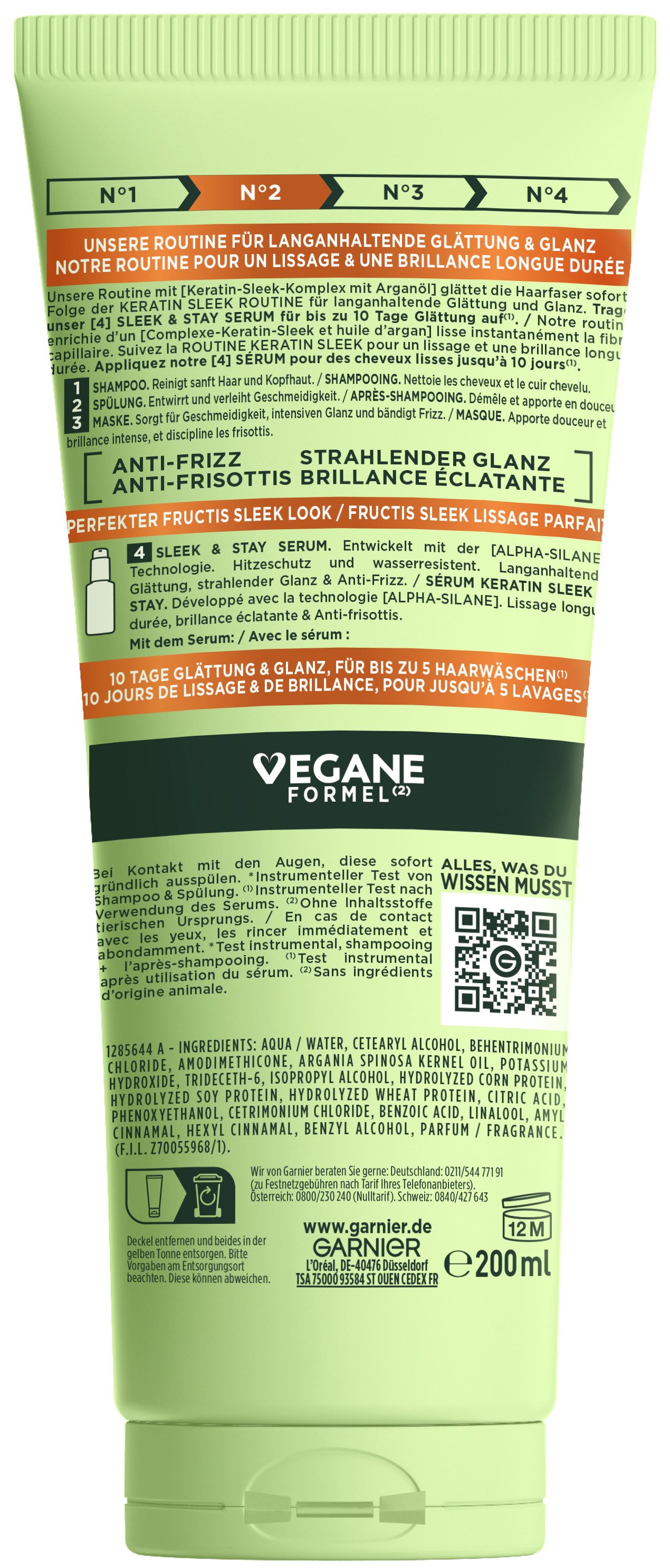 GARNIER Haarspülung GARNIER FRUCTIS KERATIN SLEEK SPÜLUNG, 6er Pack, Für trockenes, zu Frizz neigendes Haar, stärkt und entwirrt, vegan.
