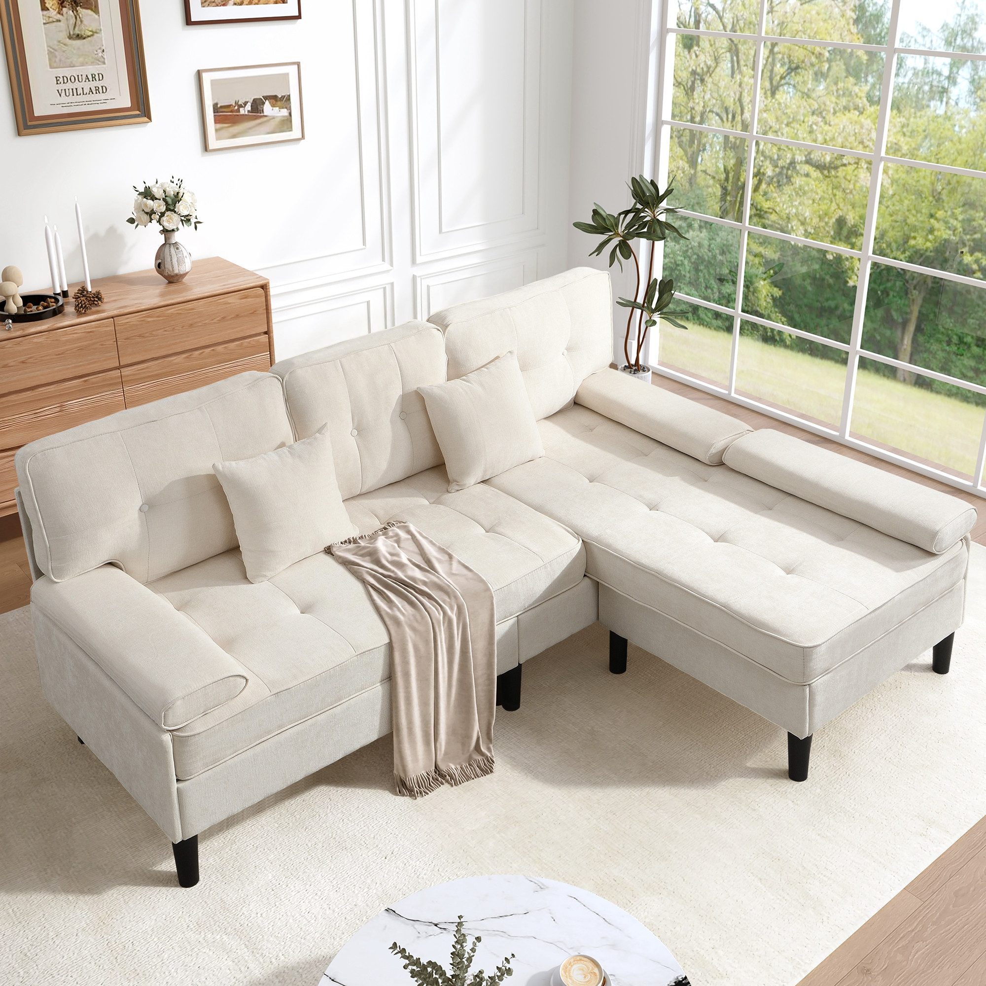 Merax Ecksofa Chenille L-Form Sofa, Platzsparendes Ecksofa für Wohnzimmer & Apartment 1 Teile, Modulares 3-Sitzer Sofa mit Chaiselongue & Fußbank, Breite: 195cm