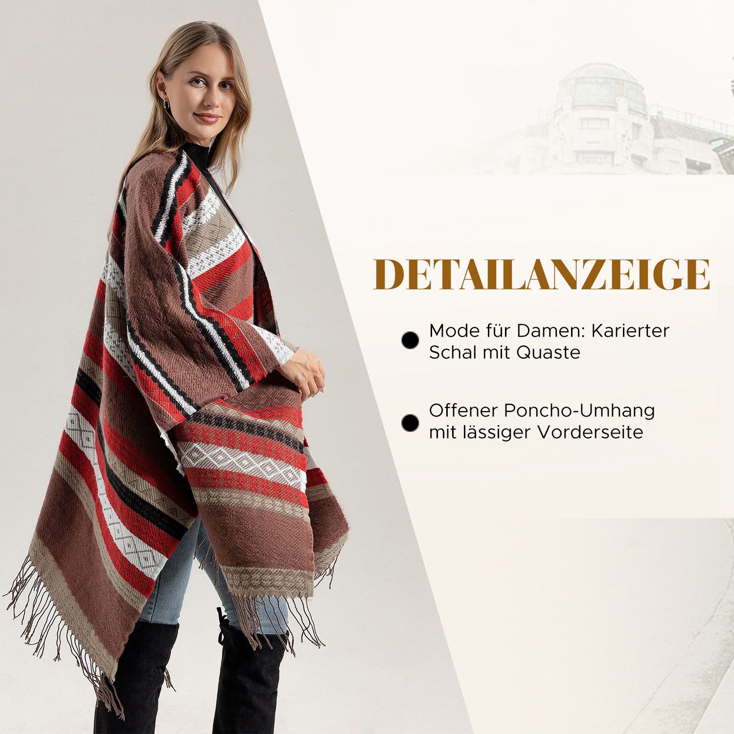 Refttenw Halstuch Damen Poncho mit Quaste 160x135CM Winterschal Übergroße Umhang