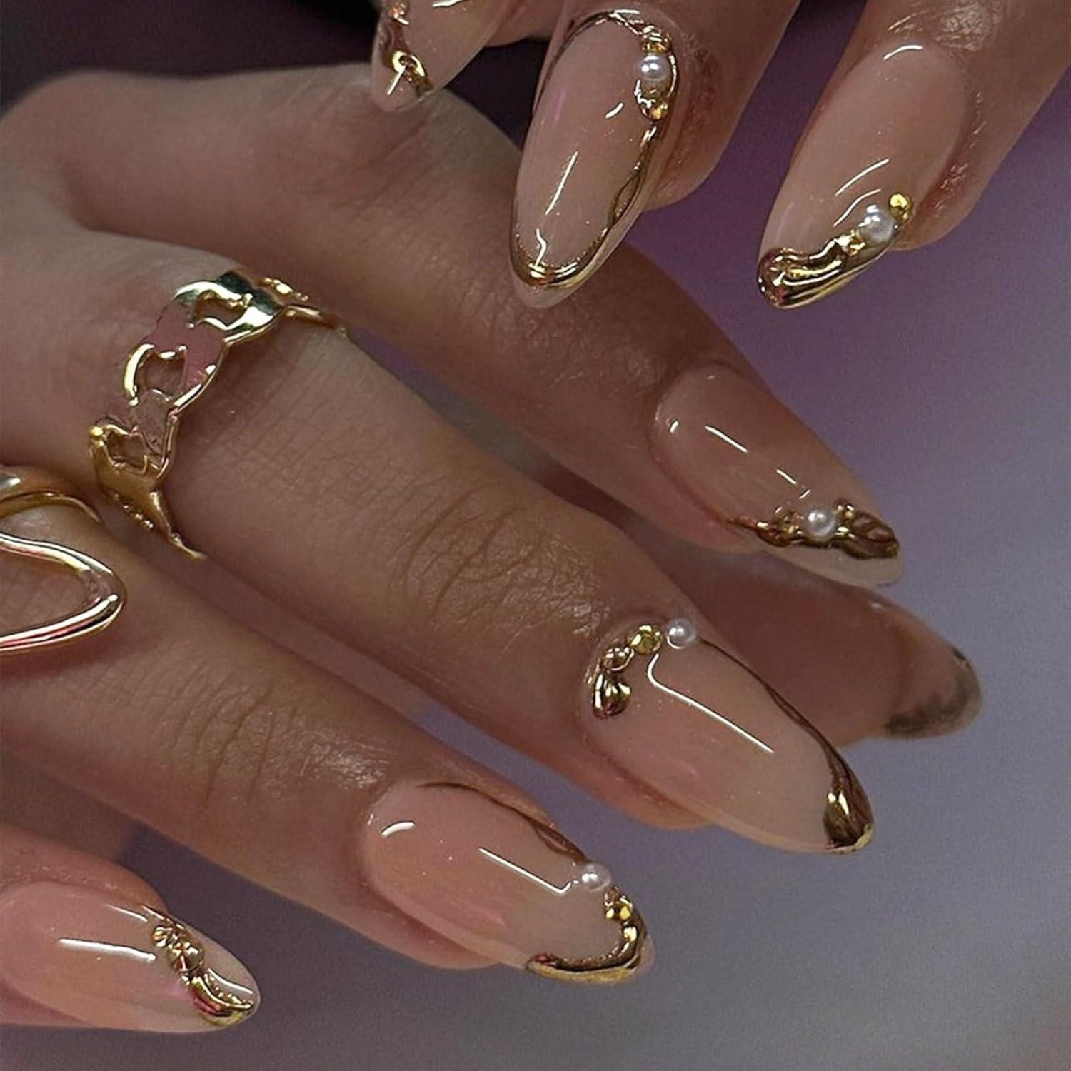 LuxusKollektion Kunstfingernägel Kunstnagel 24 Stück Mandelnägel Gold French Gel zum Aufkleben