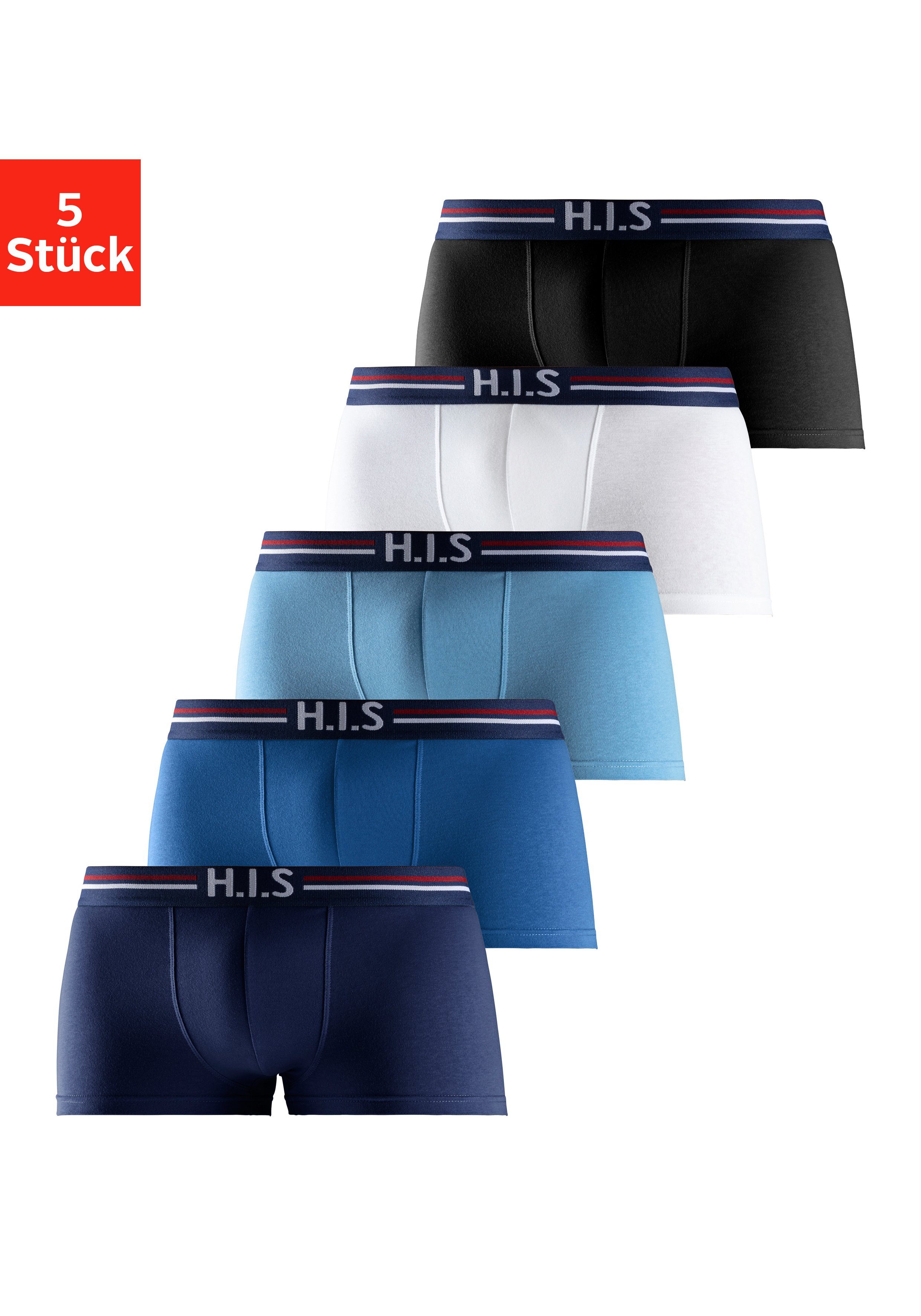 H.I.S Boxershorts (Packung, 5-St) mit hellblau, Streifen Hipster-Form und navy, Bund Markenlogo weiß, schwarz in im blau