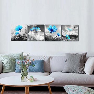 FIDDY Wandbild 4 Teilig Leinwandbilder mit Blaue Blumen Motiv Kunstdruck Moderne
