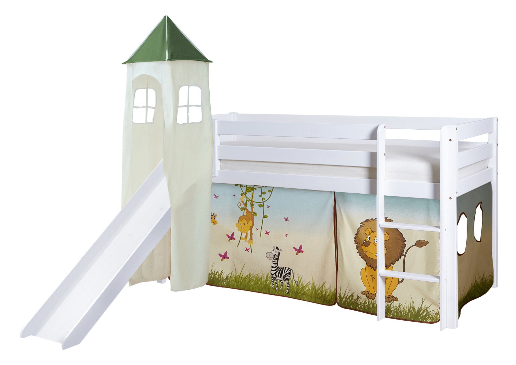 Ticaa Hochbett Rutschbett mit Turm "Kasper" Kiefer Weiß Motiv Weiß lackiert (Holzmaserung sichtbar), Breite mit Rutsche ca. 217cm