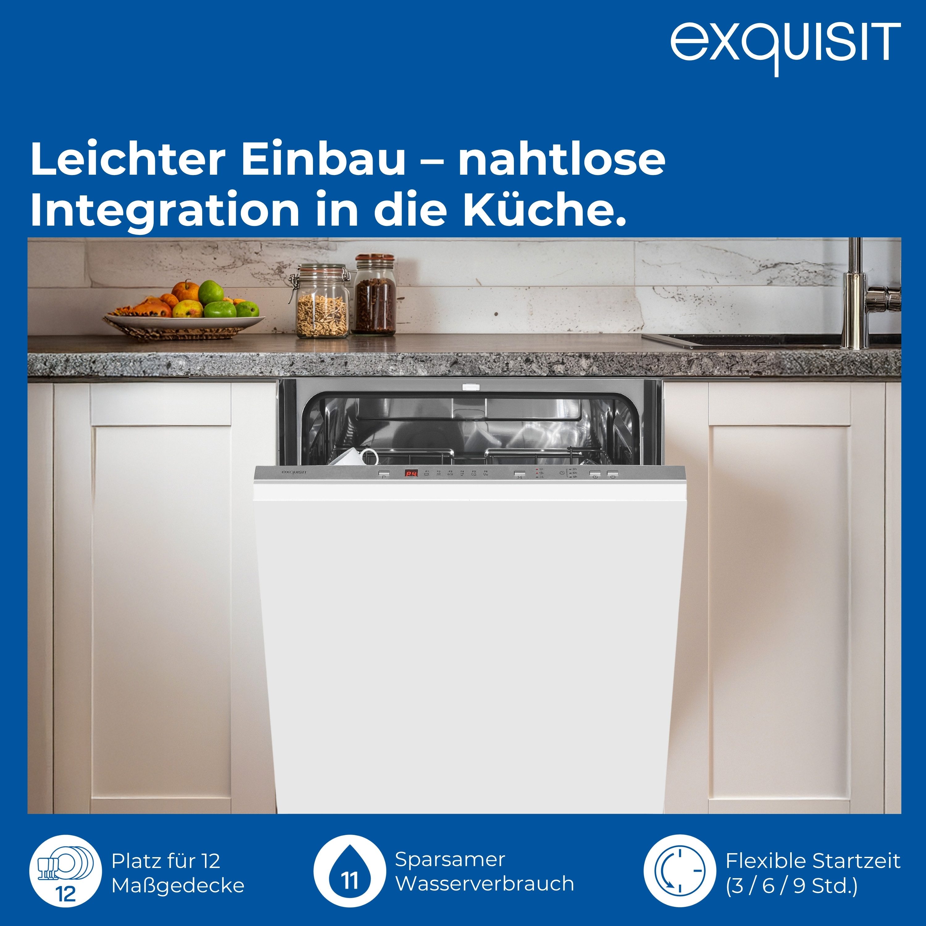 exquisit vollintegrierbarer Geschirrspüler EGSP56312-E-030E, 12 Maßgedecke, 6 Programme, Startzeitvorwahl, 12 Maßgedecke