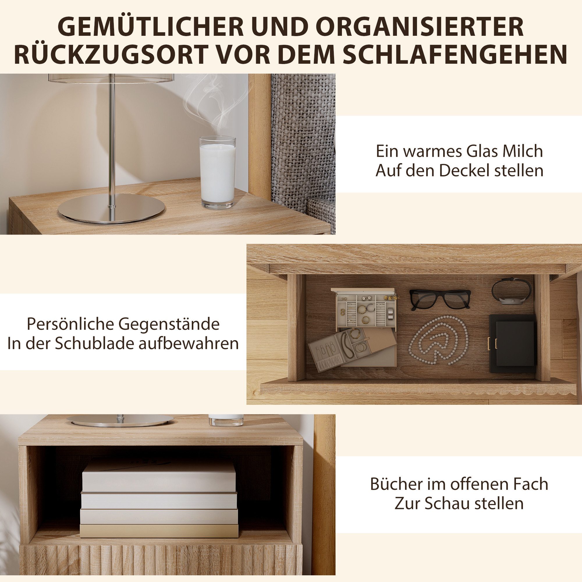 HOMCOM Nachttisch Hängend Beistelltisch mit Schublade, offenes Fach, Sofatisch (Nachtschrank, 1-St., Nachtkommode), für Schlafzimmer, Wohnzimmer, Naturholz – Bild 4 von 5