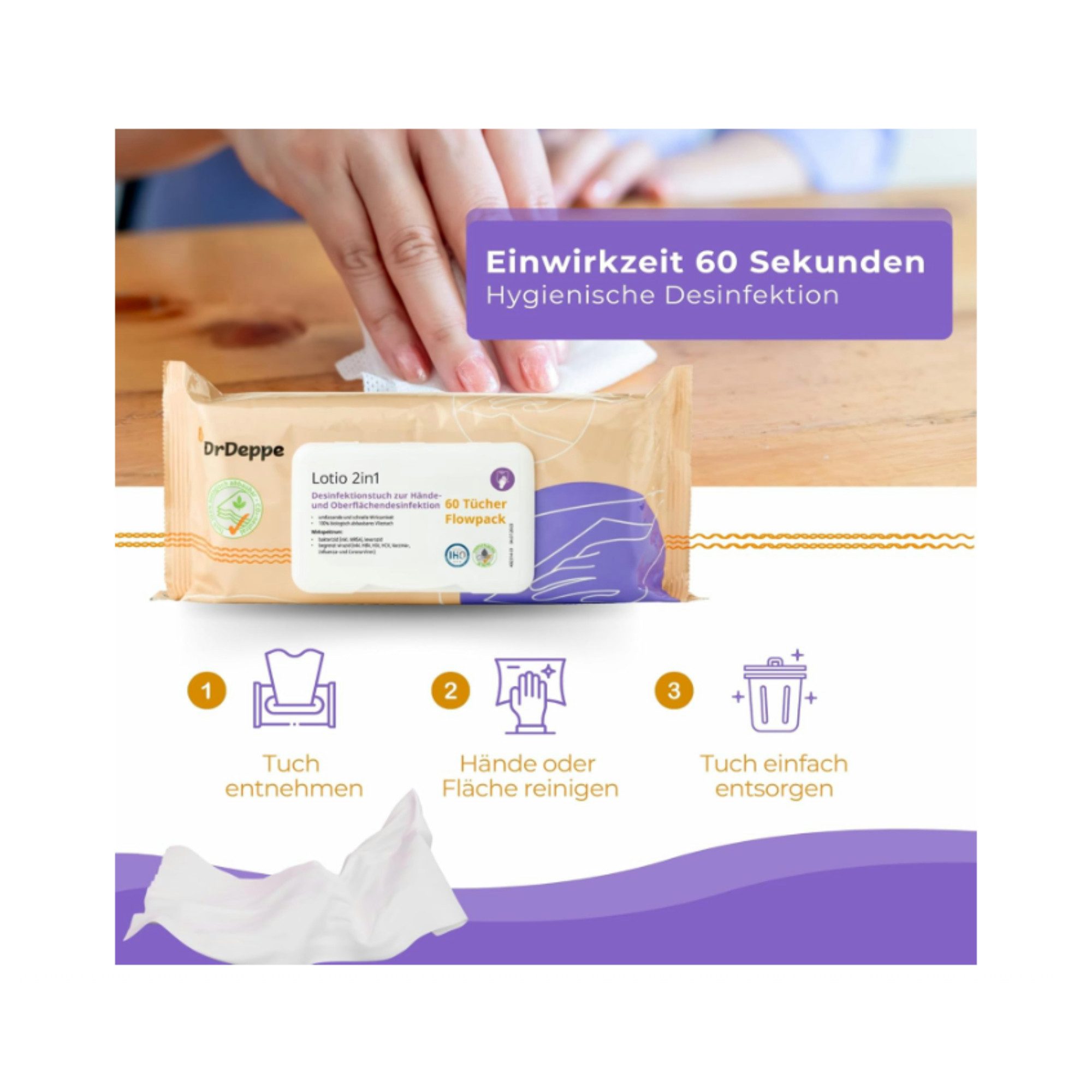 Dr.Deppe Lotio 2in1 - Desinfektionstücher - Flowpack Reinigungstücher (Cellulose) – Bild 5 von 5
