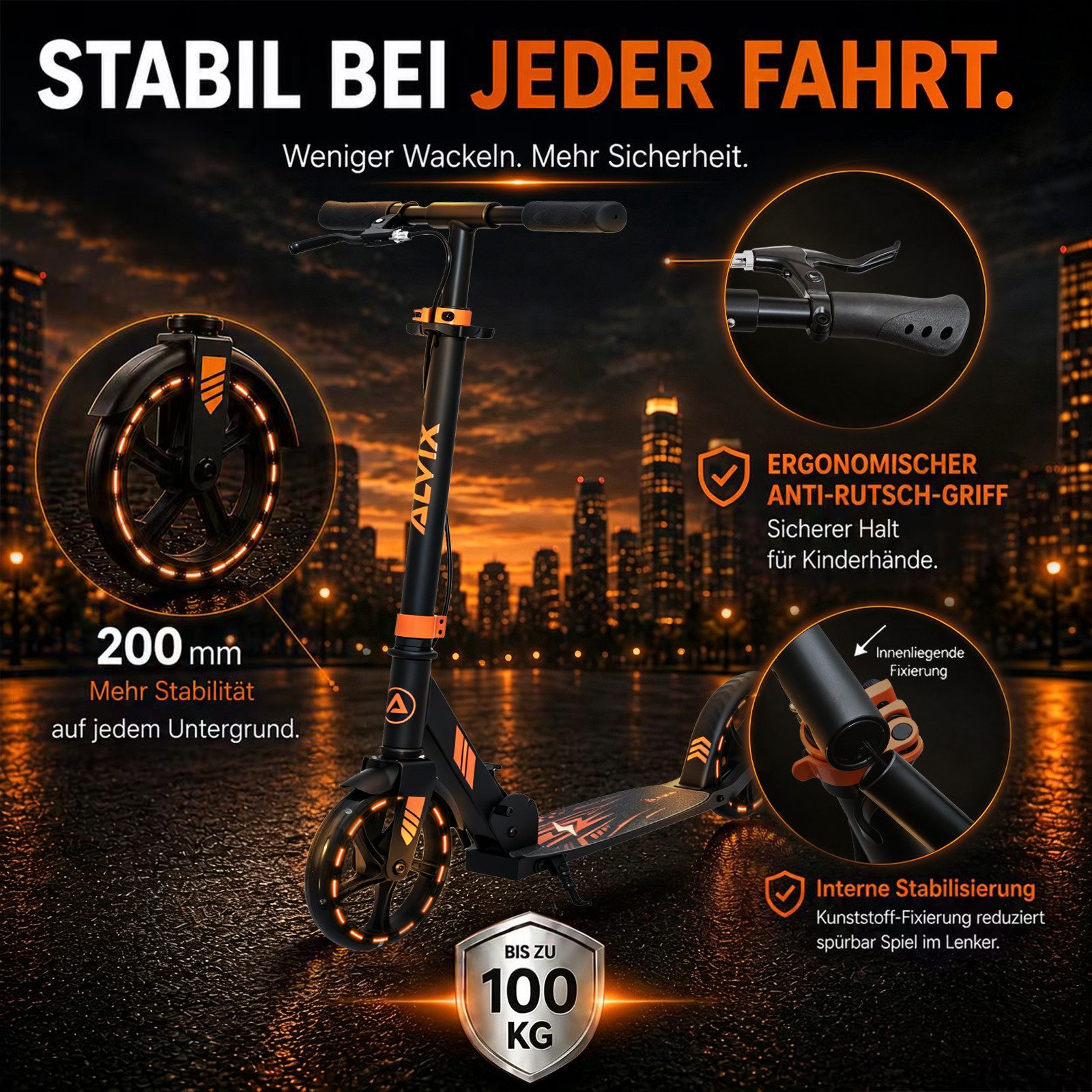 ALVIX Cityroller Kinderroller K-Serie mit Handbremse, (Einzelartikel, 1 Scooter, 1 Tragegurt, 1 Bedienungsanleitung), 200-mm-LED-Räder, breites 120-mm-Deck, faltbar, Tragegurt