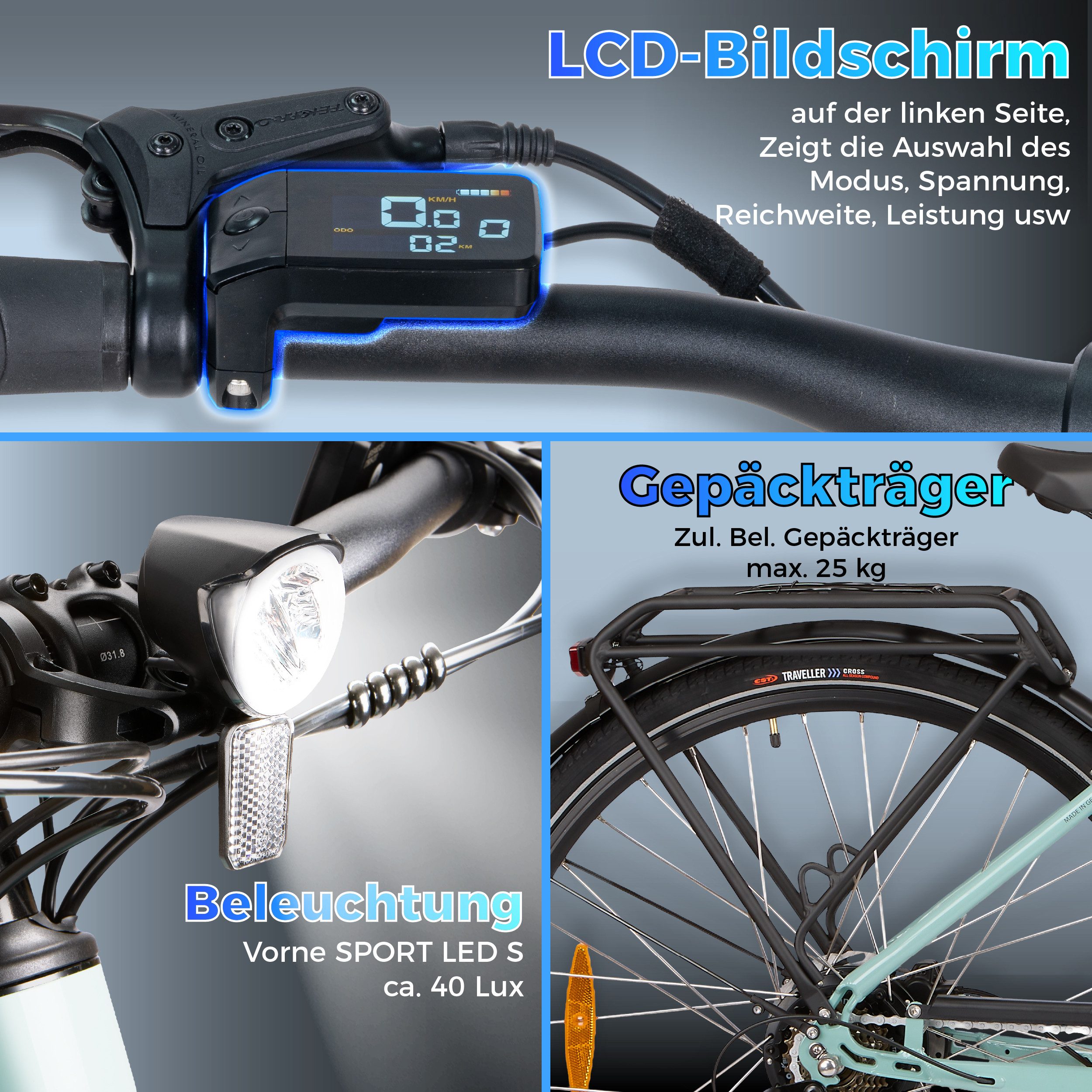 SAXXX E-Bike Cityrad 28 Zoll für Damen und Herren, Elektrofahrrad nur 21,5kg, bis zu 90km, 7 Gang Shimano, Kettenschaltung, Heckmotor, 418 Wh, E-Cityrad, Farb-LCD, RH: 45cm/48cm, Tektro hydr. Scheibenbremsen