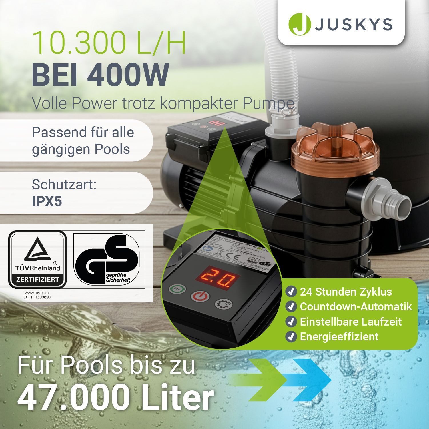 Juskys Sandfilteranlage, Timer-Funktion & 7-Wege-Ventil und Filterbälle, inkl. Pre-Filter