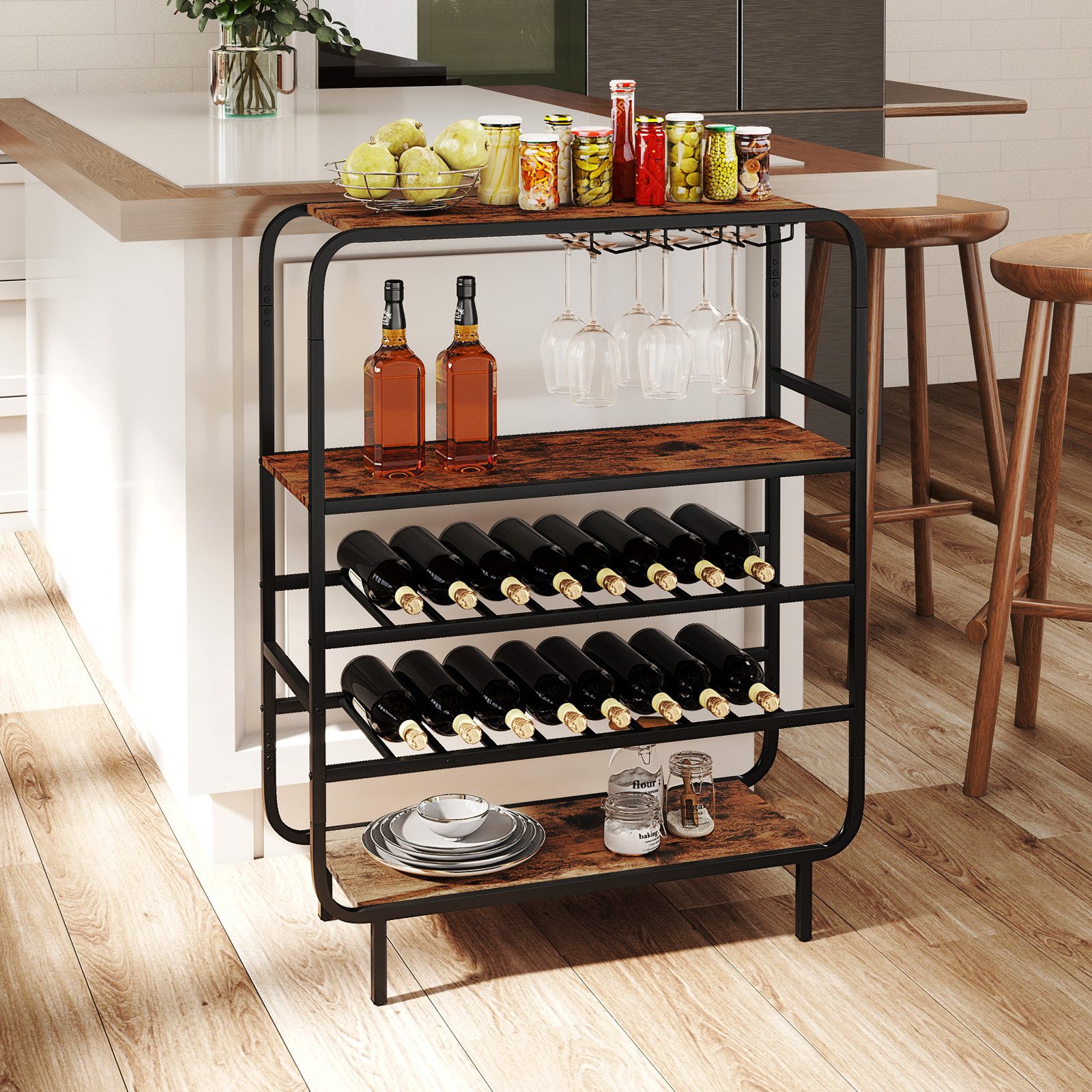 COSTWAY Weinregal, stehend Metall Flaschenregal für 16 Flaschen mit Glashaltern
