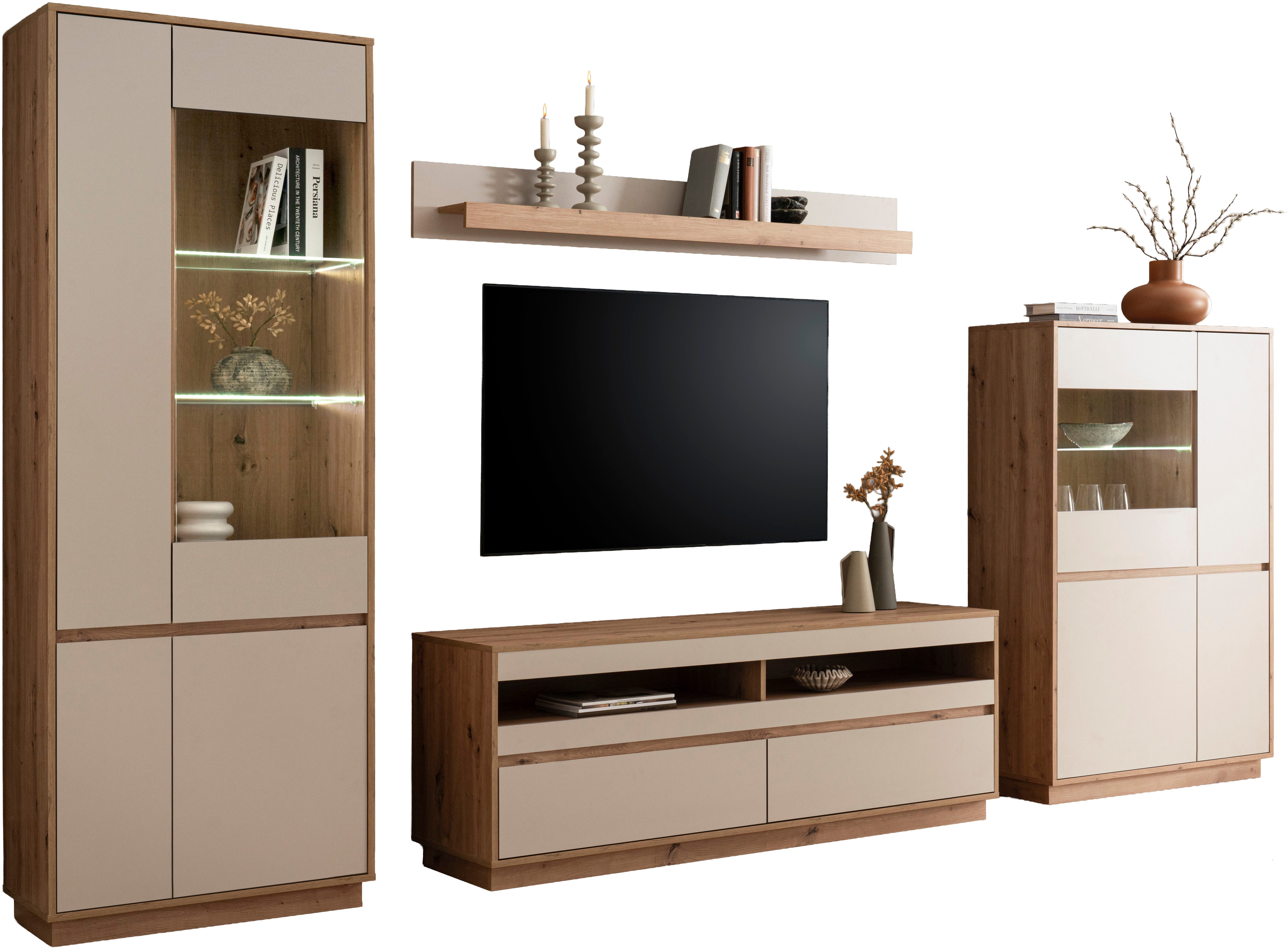 Home affaire Wohnwand Sonora, moderne Anbauwand, Komplettset in Kaschmir/Eiche, (Komplett-Set, 4-St), enthält Vitrinen, Lowboard und Wandboard, 342 cm breit