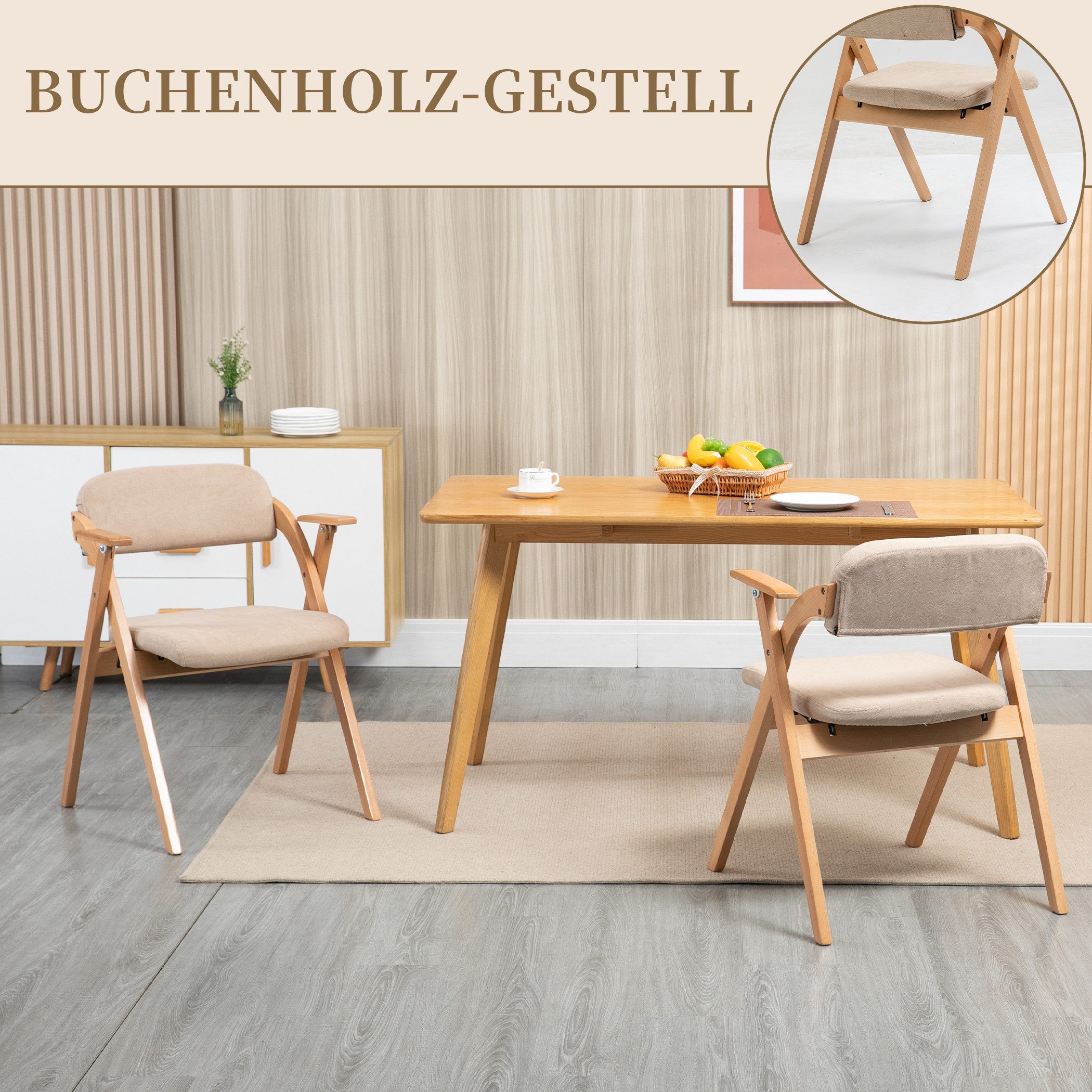 SeedWave Esszimmerstuhl Klappstuhl mit Armlehne, 2er Set Holzgestell Leinenbezug Küchenstuhl, 60×53×79cm, gepolstert mit Schaumstoff
