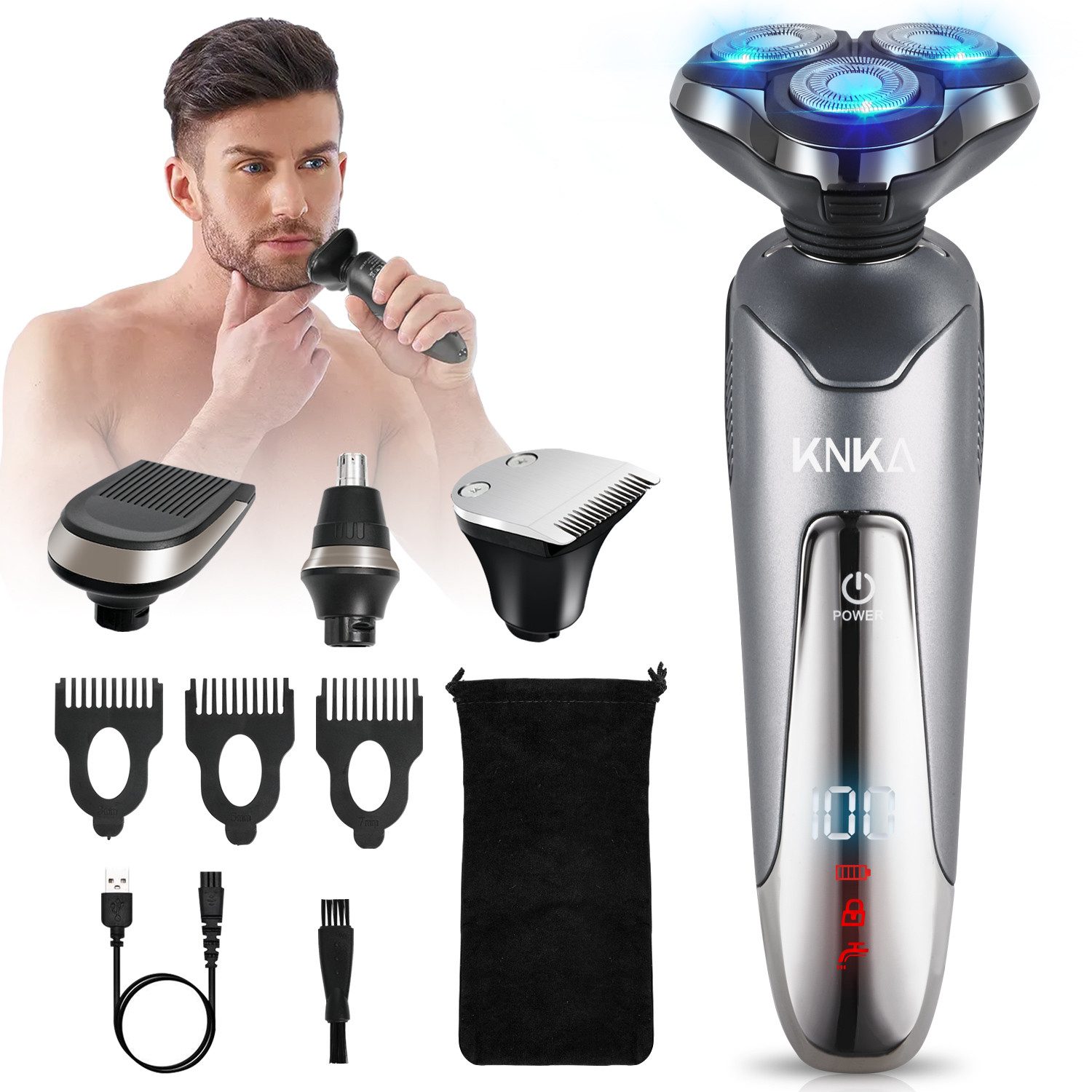 KNKA Електробритва 4D Flex-Scherköpfe gründliche und schmerzfreie Rasur, IPX7 100% Wasserdicht, Aufsätze: 4, Rasur Nasenhaartrimmer Präzisionstrimmer, 4-in-1 Електробритва Herren, Einfach zu reinigen,Nass & Trocken ideal für Reisen