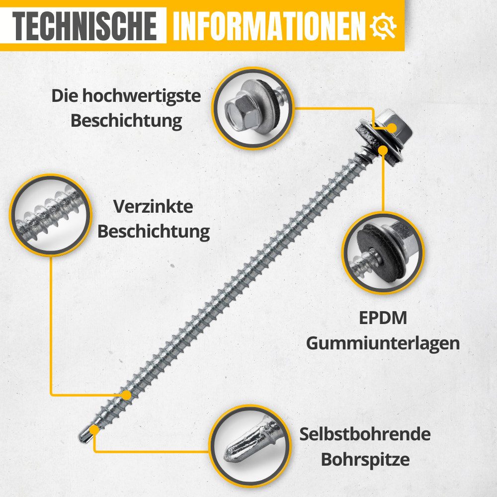 STRÜBER Schrauben- und Dübel-Set Trapezblechschrauben - Selbstbohrende Bohrschrauben mit Dichtscheibe, (250 St)