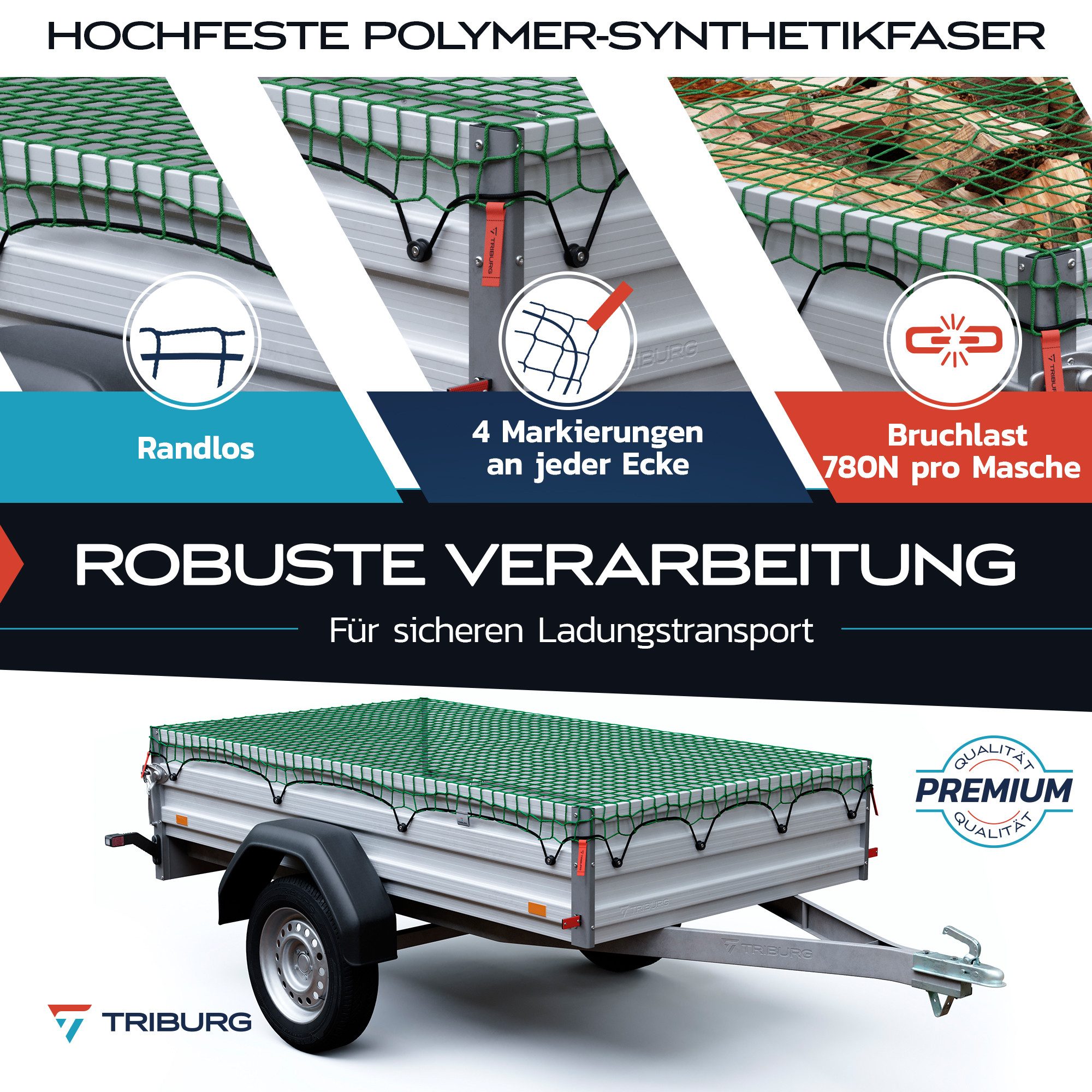 TRIBURG Anhängernetz [DEKRA Geprüft] mit Eckmarkierungen zur Ladungssicherung, Anhänger Netz mit Spanngummi zur optimalen Ladungssicherung – Bild 4 von 5