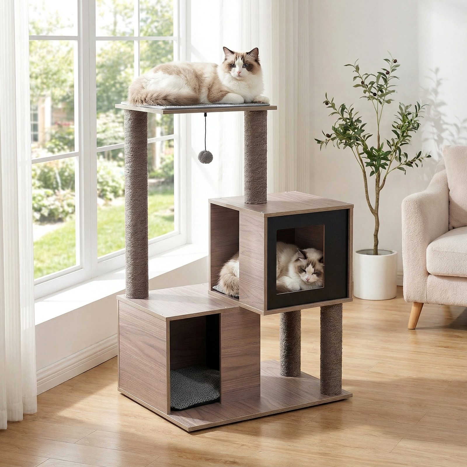 COSTWAY Kratzbaum, Katzenbaum, Kletterbaum, mit 2 Katzenhöhlen, Kissens