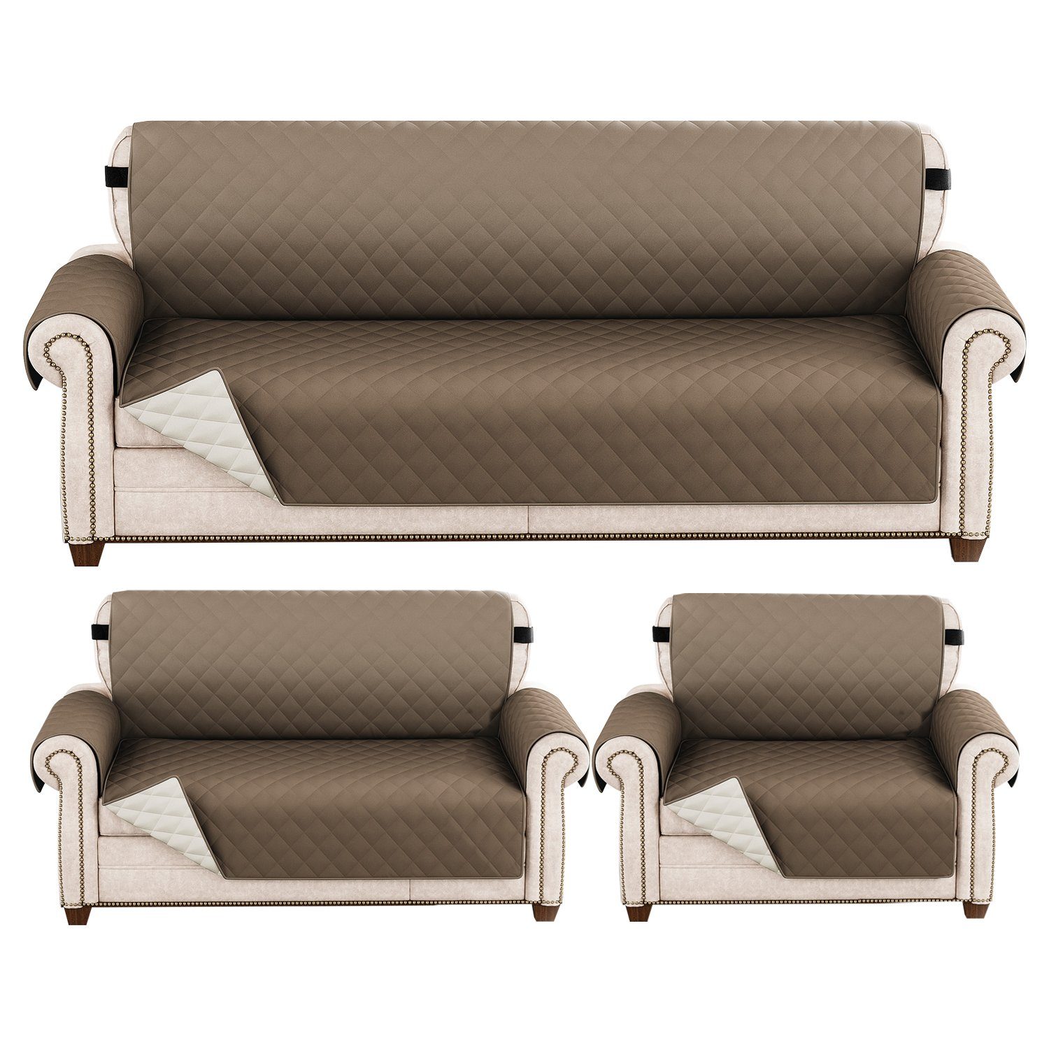 Sofahusse 1-3 Sitz, 3 Stück, Wasserabweisend, für Arm Sofa Haustiermatte, Rosnek, doppelseitig, mit elastischem Band Taupe