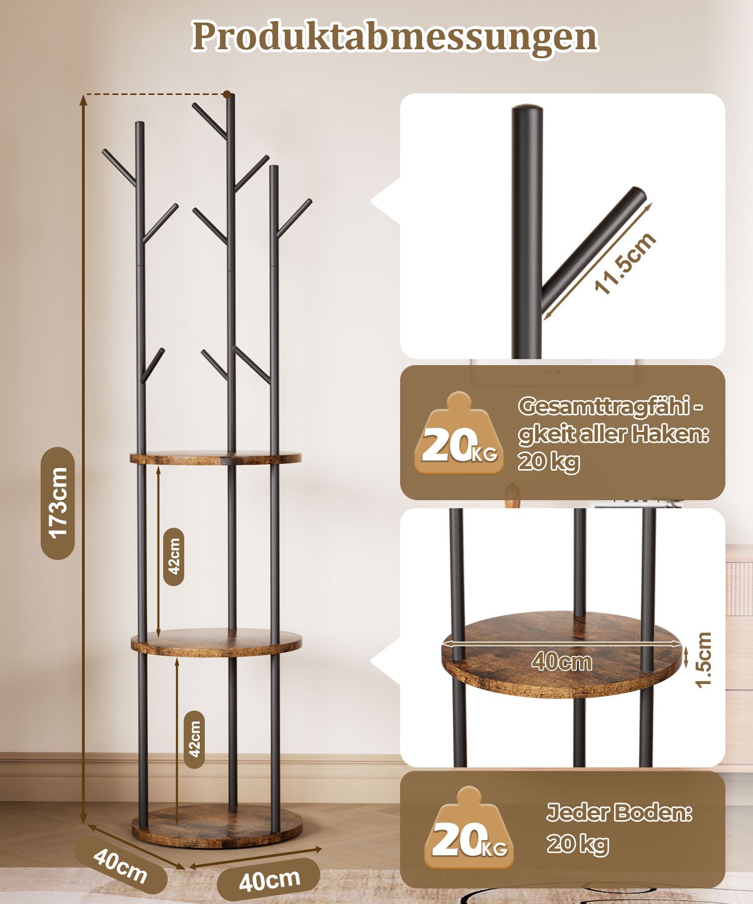 Yorbay Garderobenständer Kleiderständer aus Holz&Metalrahmen, Garderobe mit 9 Haken & 3 Ablagen, Freistehend, offen Standgarderobe in Baumform, 40x40x173cm – Bild 4 von 5