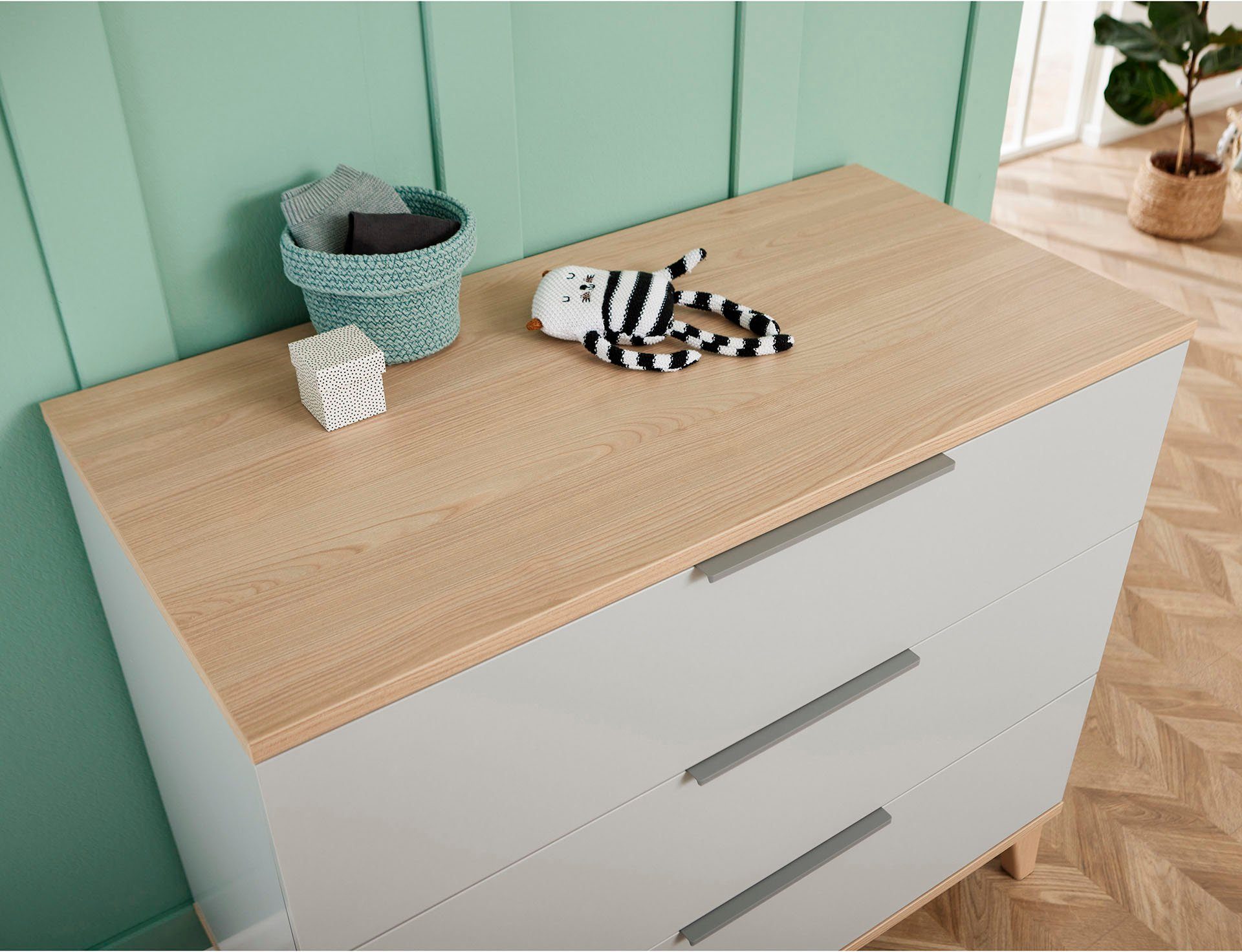 PAIDI Wickelkommode FIENE in Grau, 3 Schubladen mit Soft-Close, Vollauszug, Kommode in 110 cm Breite, geprüfte Sicherheit, Wickeltisch aus Holz