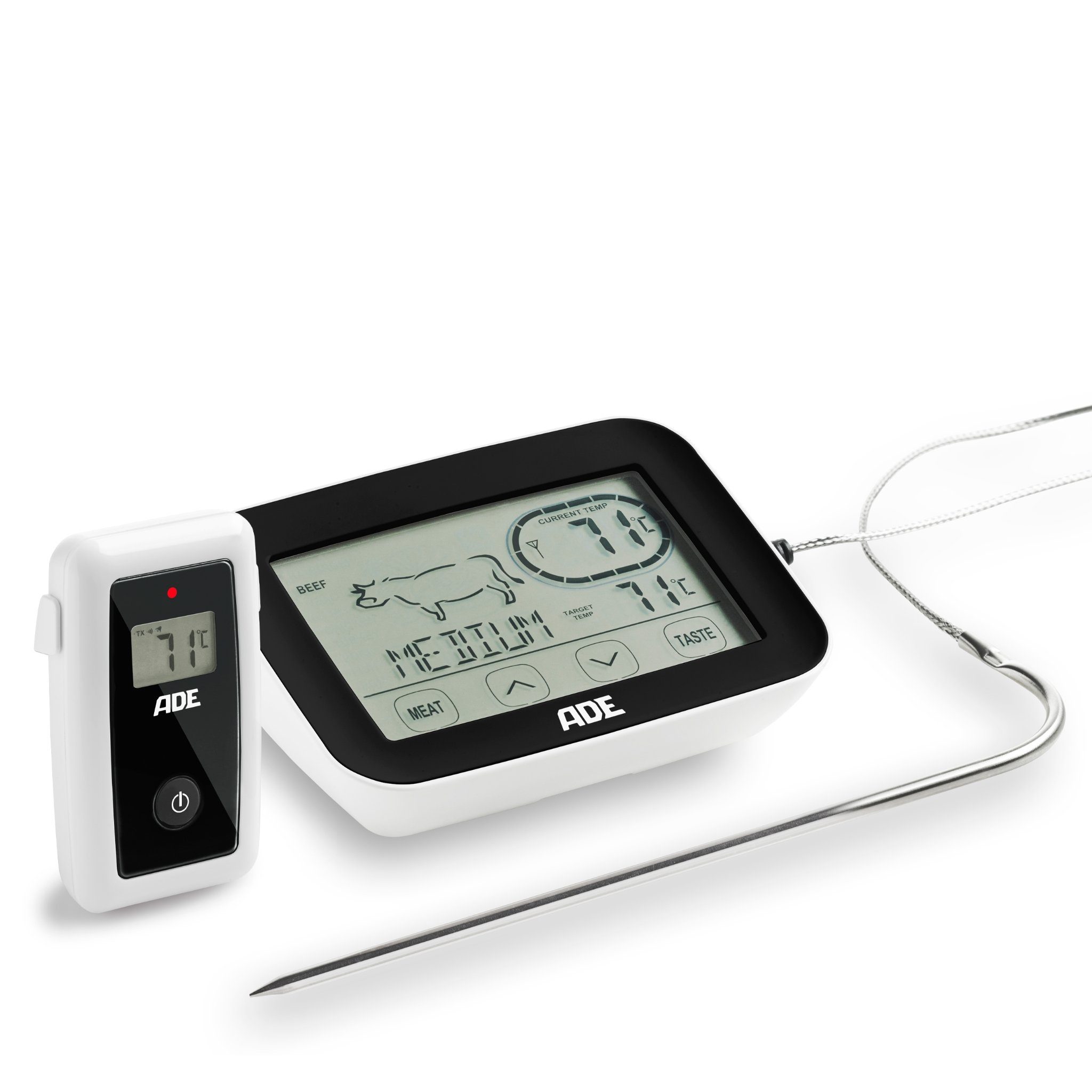 ADE Bratenthermometer Funk-Grillthermometer mit Touch-Display, mit Funkempfänger, Fühler aus Edelstahl, 5 Garstufen, Touch-Display