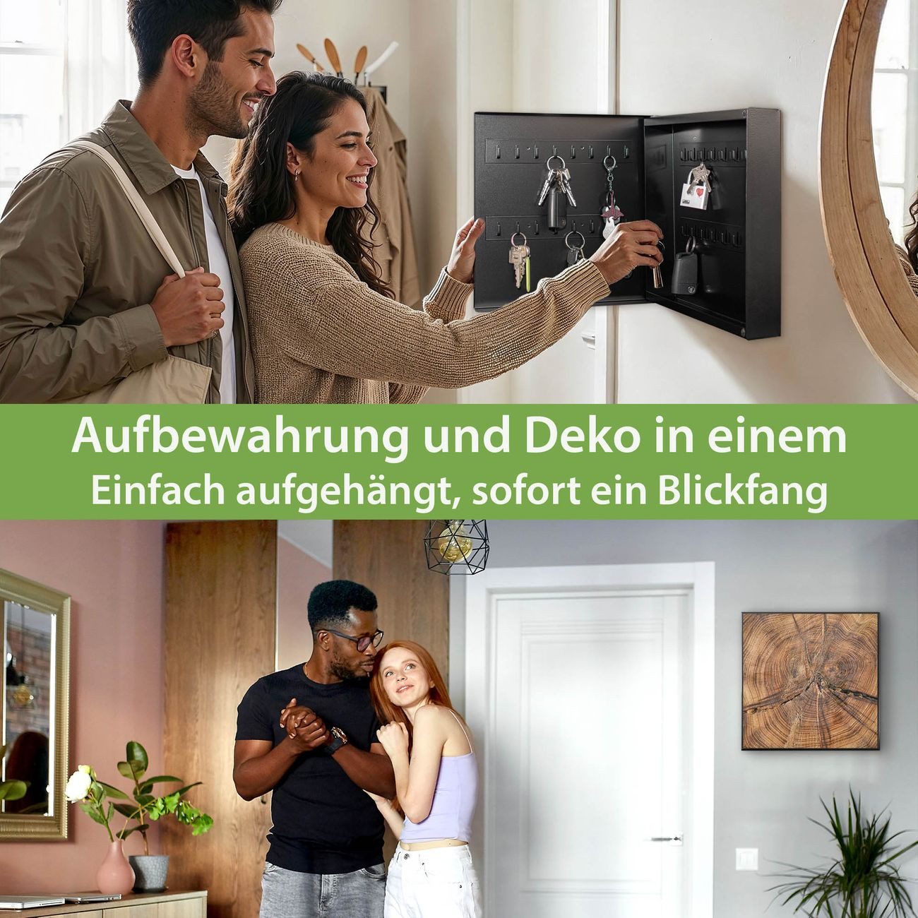 banjado Schlüsselkasten aus Metall mit Motiv Jahresringe (Stahl Gehäuse, mit 32 Haken, beschreibbar & magnetisch), 30 x 30 x 5 cm