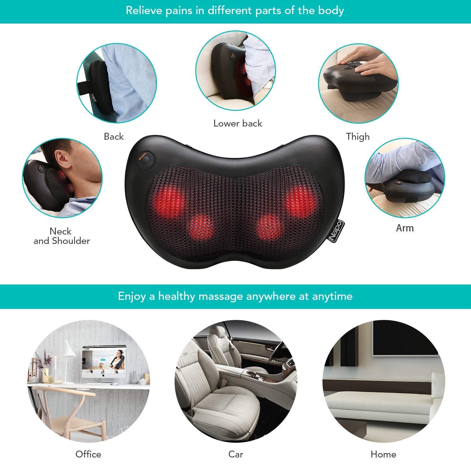 NAIPO Massagekissen, Shiatsu Massagegerät für Nacken Schulter Rücken