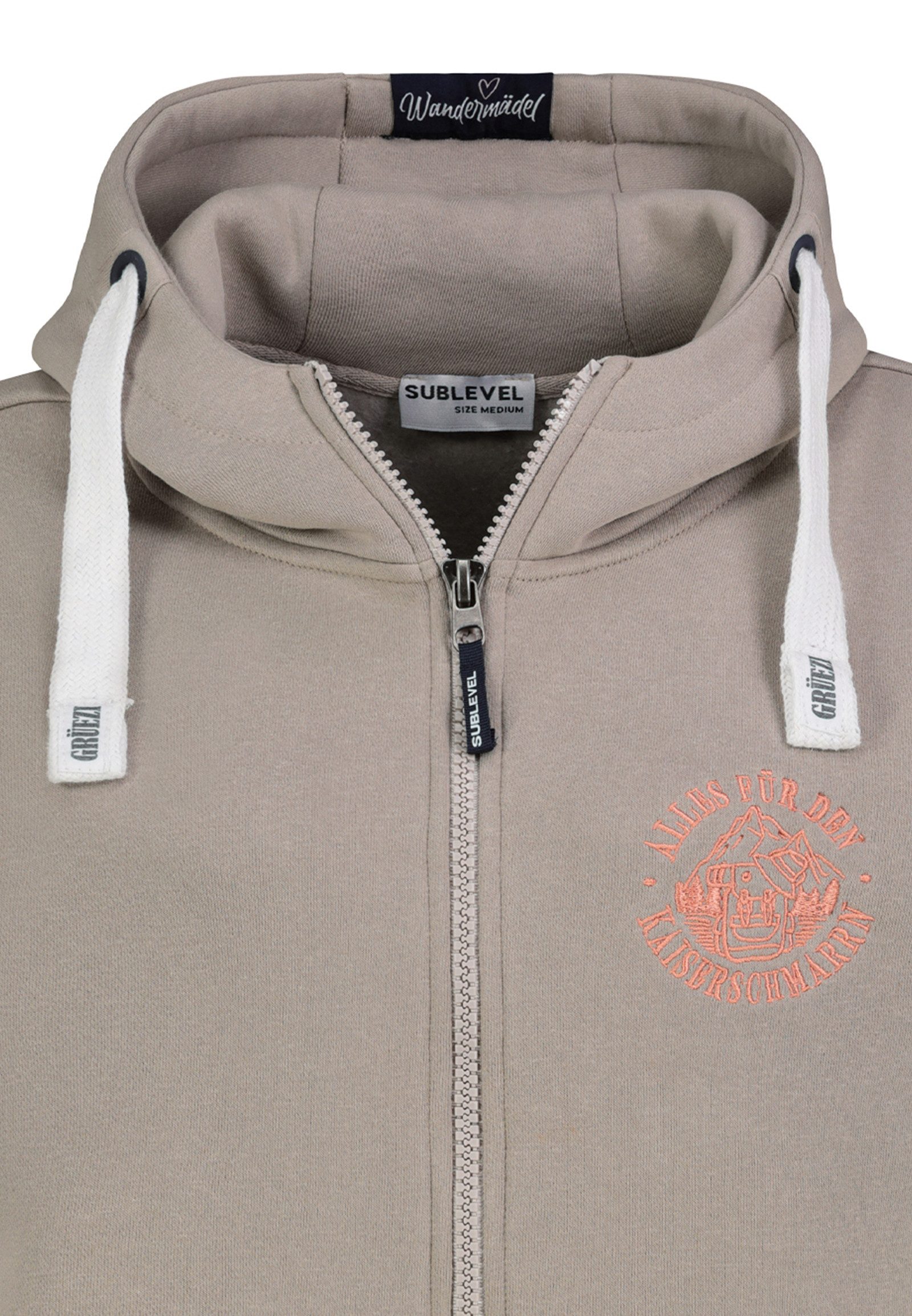SUBLEVEL Hoodie Reißverschluss Stickerei Kapuze Einschubtaschen Rippbündchen für Damen (1-tlg) Baumwolle Normal Fit Kapuze Langarm Spruch atmungsaktiv