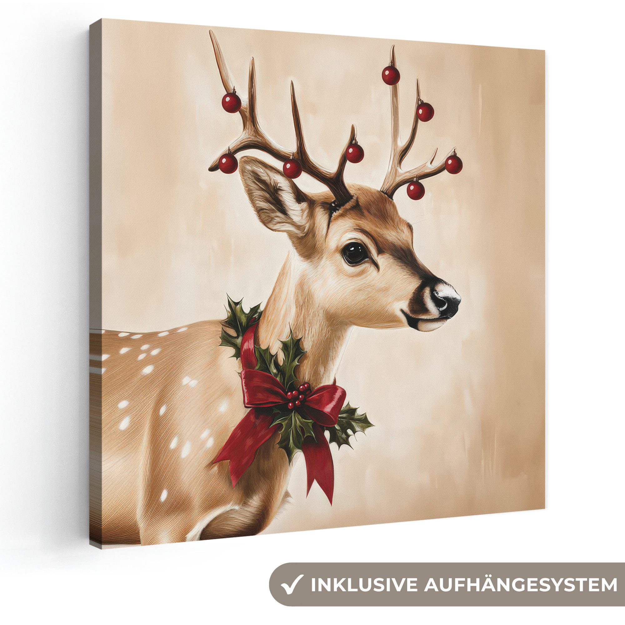 OneMillionCanvasses® Leinwandbild Geweih - Weihnachten - Rentier - Rot, Fotodruck (1 St), Wandbild, Deko Schlafzimmer Wohnzimmer Flur 20x20 cm