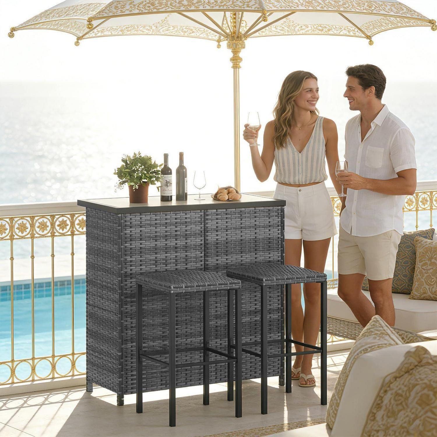 LuxusKollektion Gartenbar-Set Garten-Barset 3-TLG Polyrattan Grau-Verlauf