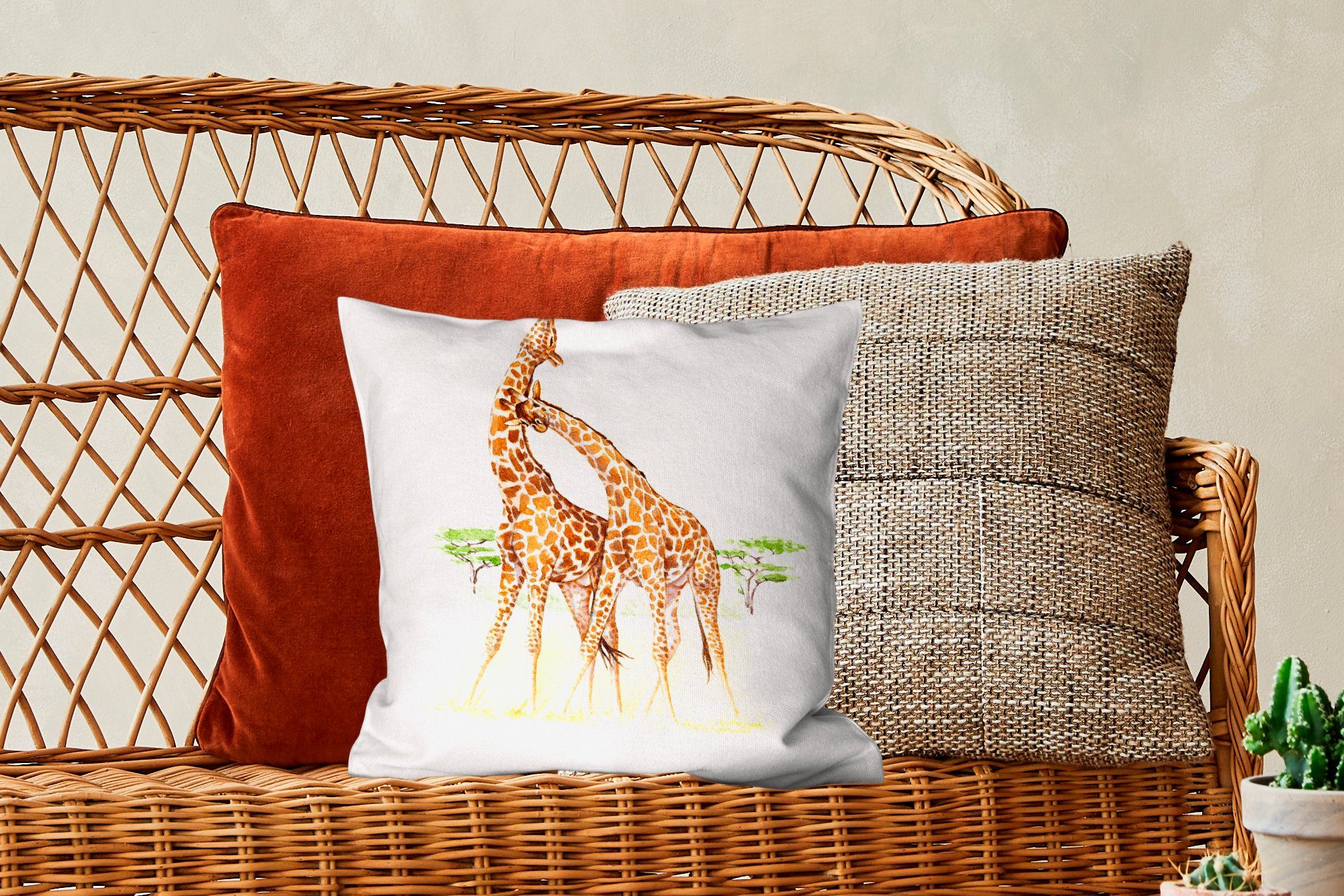 Baum - Wohzimmer, - Aquarell, Zierkissen Deko, MuchoWow Sofakissen Schlafzimmer, Füllung Dekokissen Giraffe für mit