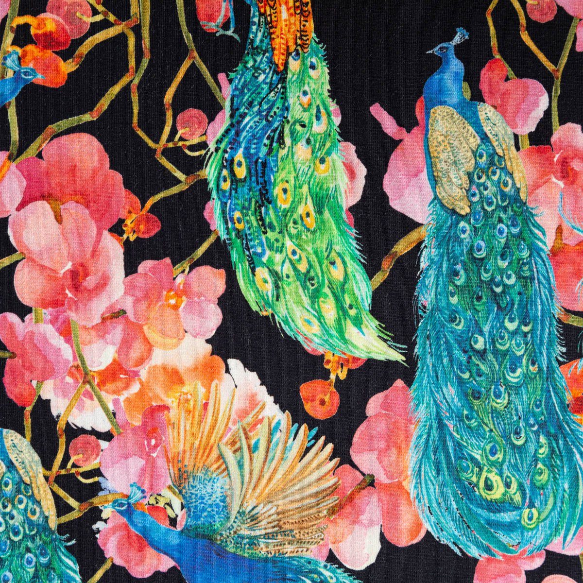 SCHÖNER LEBEN. Stoff Jersey Stoff Digitaldruck Pfau Blüten schwarz bunt 1,45m Breite, allergikergeeignet