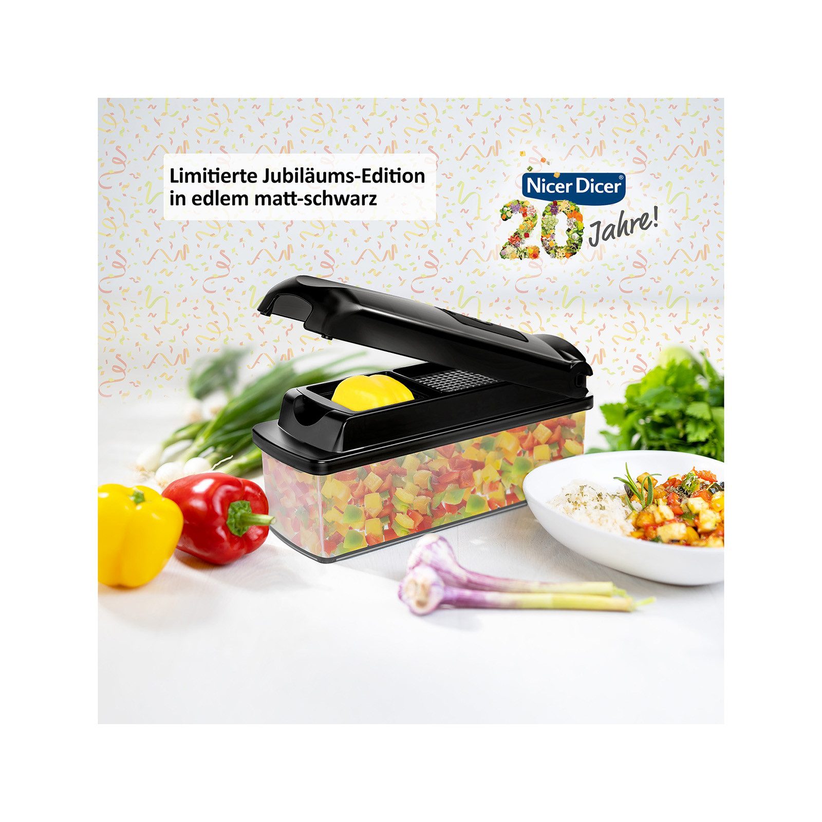 Genius Gemüseschneider Genius Nicer Dicer Plus Gemüseschneider 17-tlg Jubiläums-Edition, Auffangbehälter mit Frischhaltedeckel