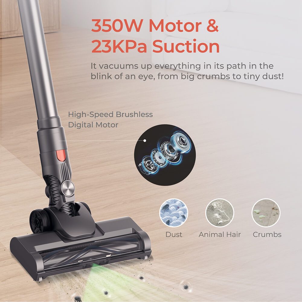 Jigoo Akku-Bodenstaubsauger C200 Kabelloser Staubsauger, 23KPa Saugkraft, 40min Laufzeit, 350 W, 2 Arbeitsmodi, Teleskop-Metallrohr und LED-Scheinwerfer