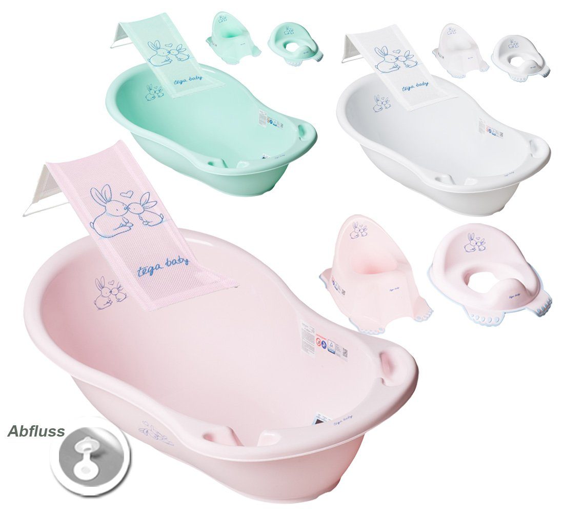 Farben + - + Aufsatz** Babybadewanne WC (Made Set), H TEILE ** 3 Topf Badesitz - Premium Babywanne+ Wanne Tega-Baby Abfluss, Europe -Babybadeset SET BUNNIES in Weiß
