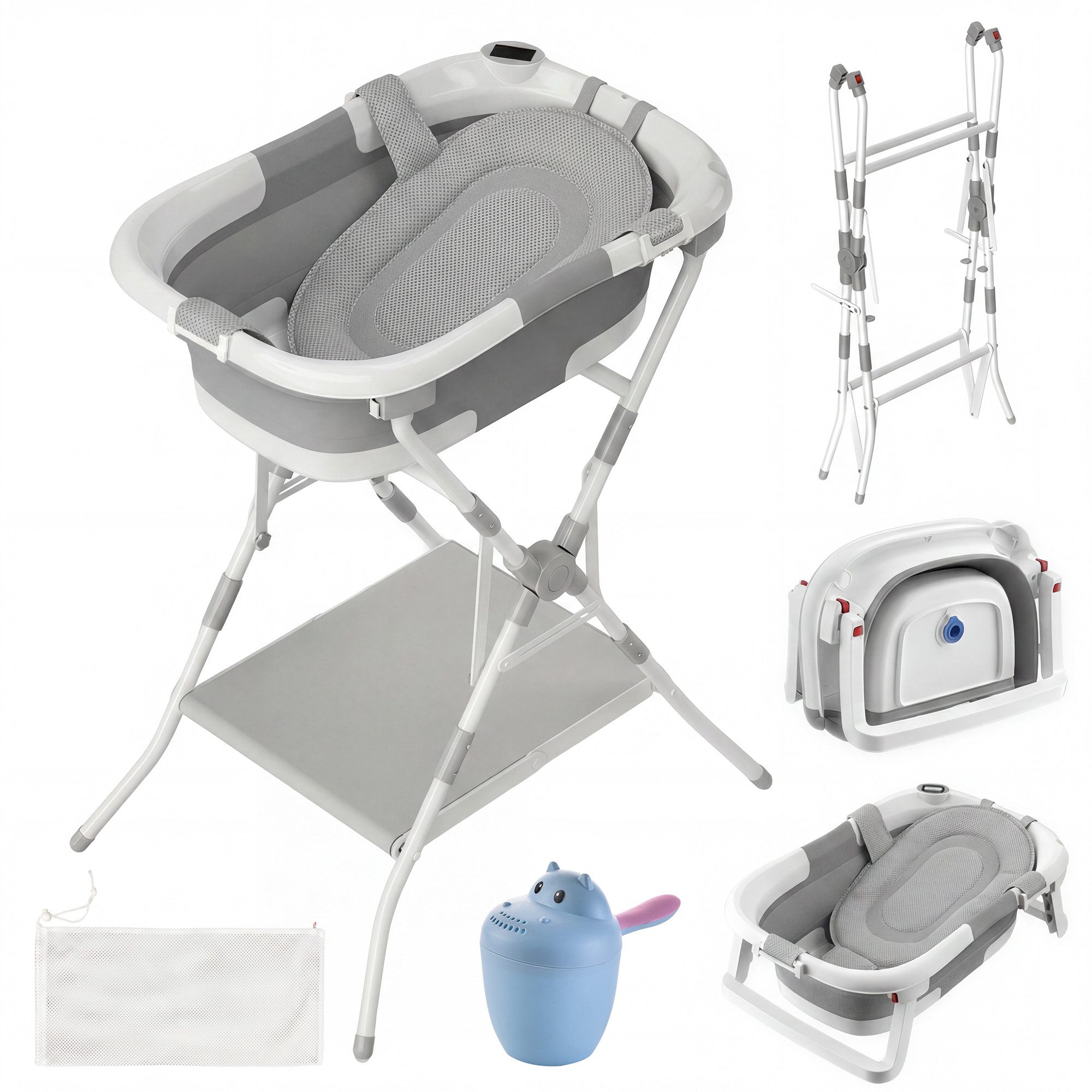 SEHAUSEU Babybadewanne Babywanne Badewanne mit Gestell faltbar, mit Thermometer, mit Abflussschlauch, Badeauflage, Ablagebrett, Haarwaschbecher