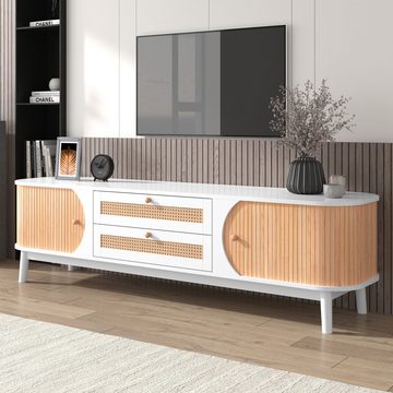 MODFU TV-Schrank Lowboard (TV-Schrank mit Türen und Schubladen, TV-Ständer mit Rattanseiten) Natürlicher Landhausstil.