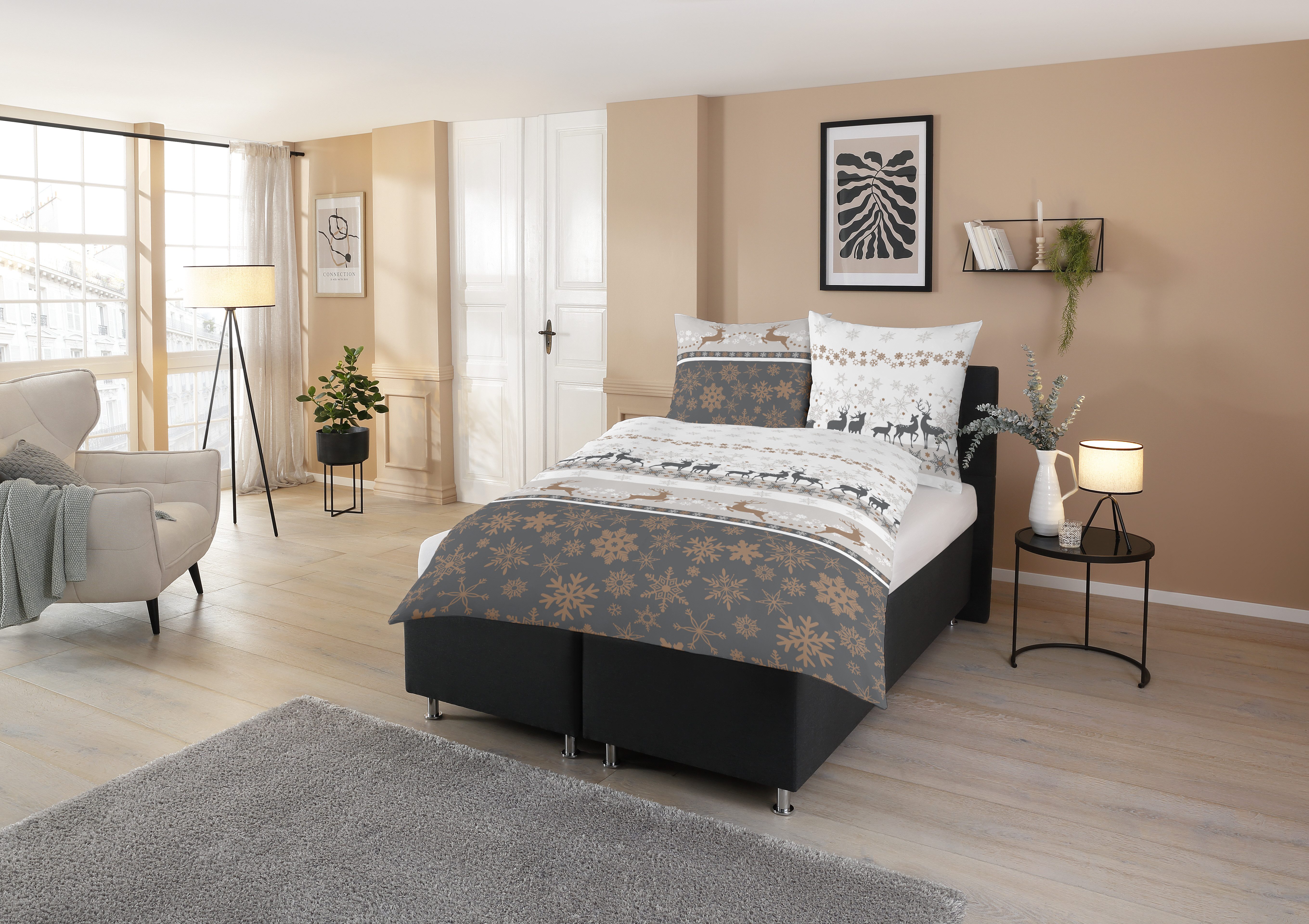 CASATEX Bettwäsche Winterworld, Biber, 2 teilig, Hirschmotive, Schneekristalle, kuschelig