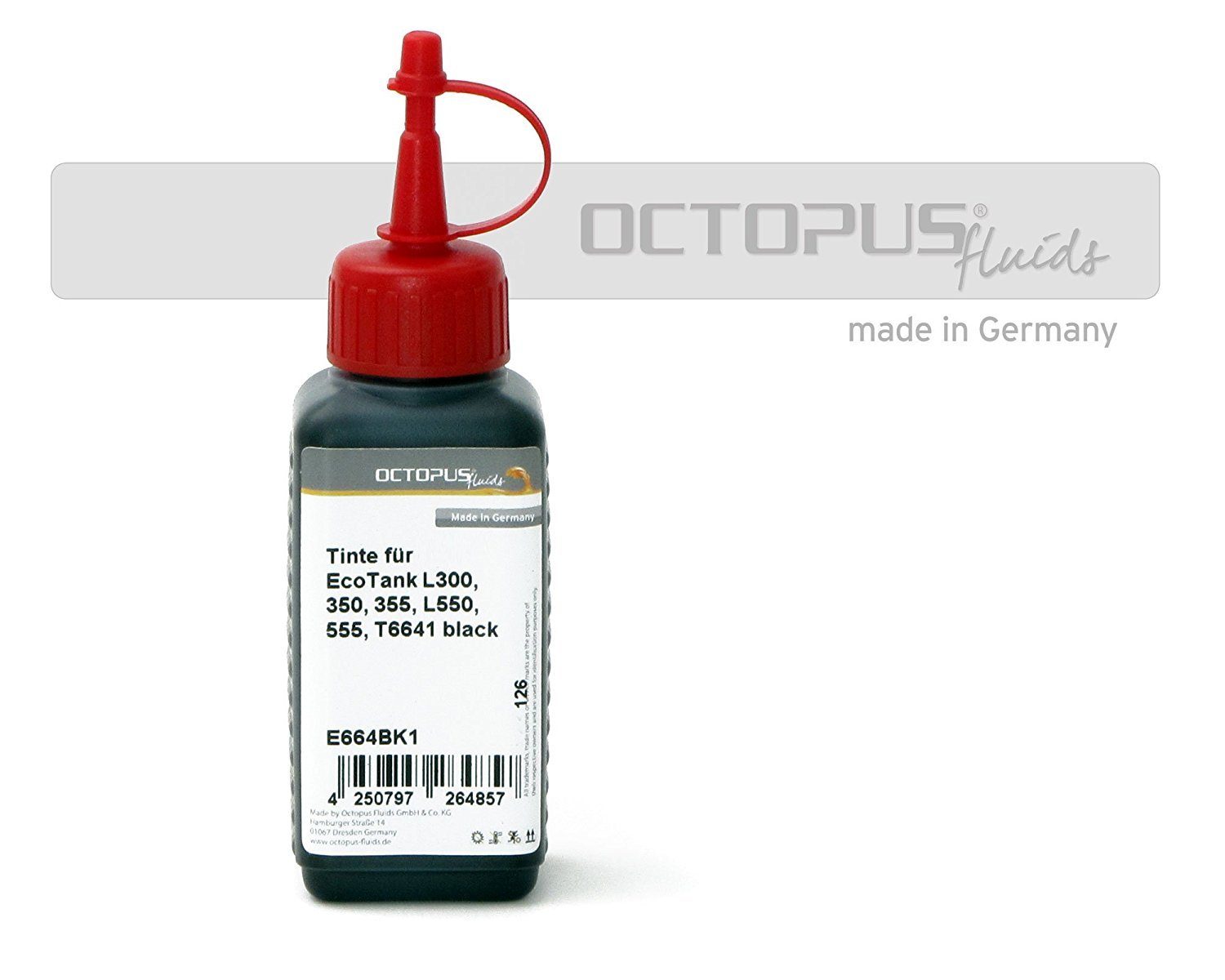 OCTOPUS Fluids Druckertinte Epson EcoTank L300, L355, L555 Drucker, T6641 schwarz Nachfülltinte (für Epson, 1x 250 ml) Schwarz 250ml