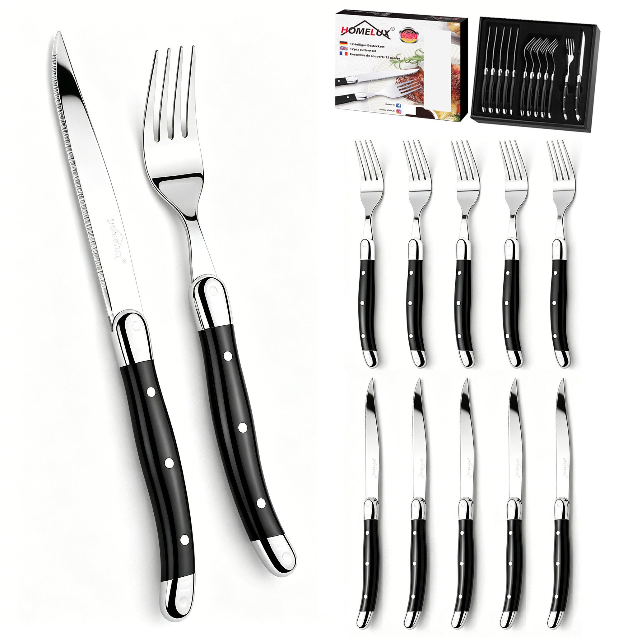 HOMELUX Besteck-Set Besteck set,Steakbesteck,ergonomische Haptik, Wellenschliff-Messer (12-tlg), 6 Personen, Edelstahl, Spiegelpoliert,Verspieltes Griff-Design,hochwertiger Besteckkasten