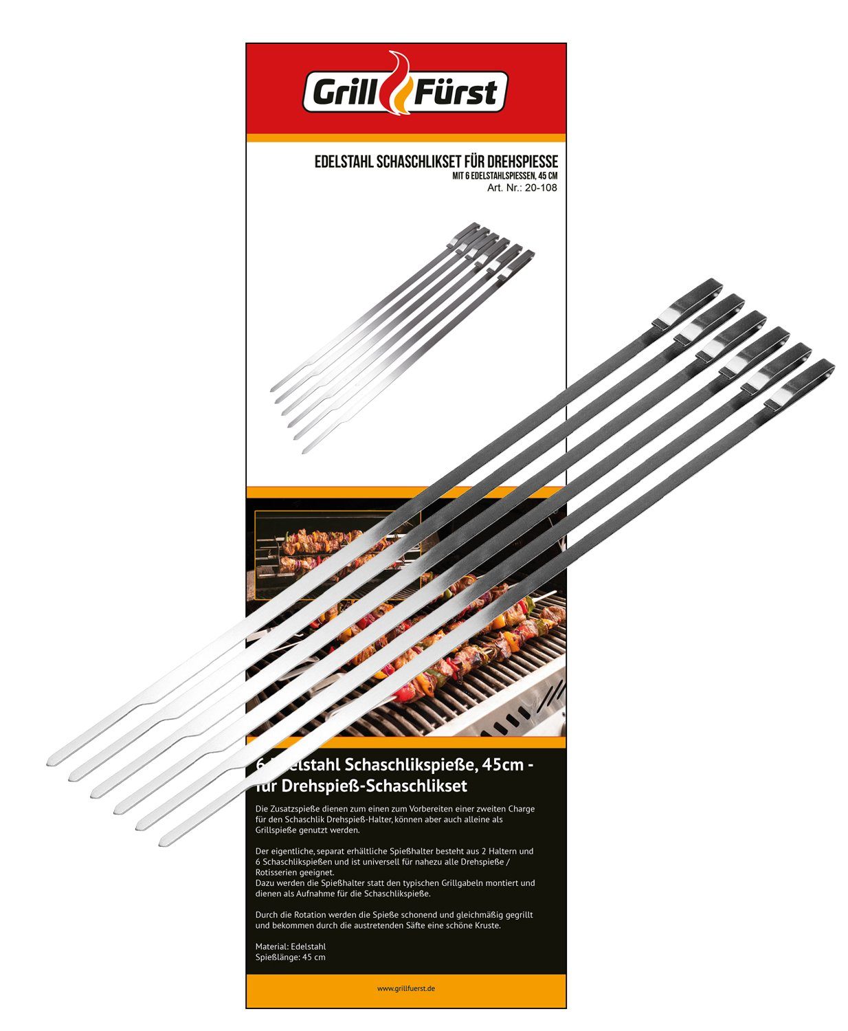 Grillfürst Drehkorb Grillfürst Edelstahl Spieße 45 cm - 6er Set - kompatibel mit Schaschlikset für Drehspieß