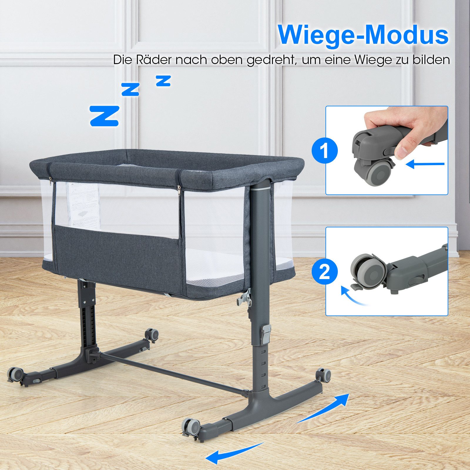 COSTWAY Beistellbett, 3 in 1 Babybett, Babywiege, 5-stufig höhenverstellbar