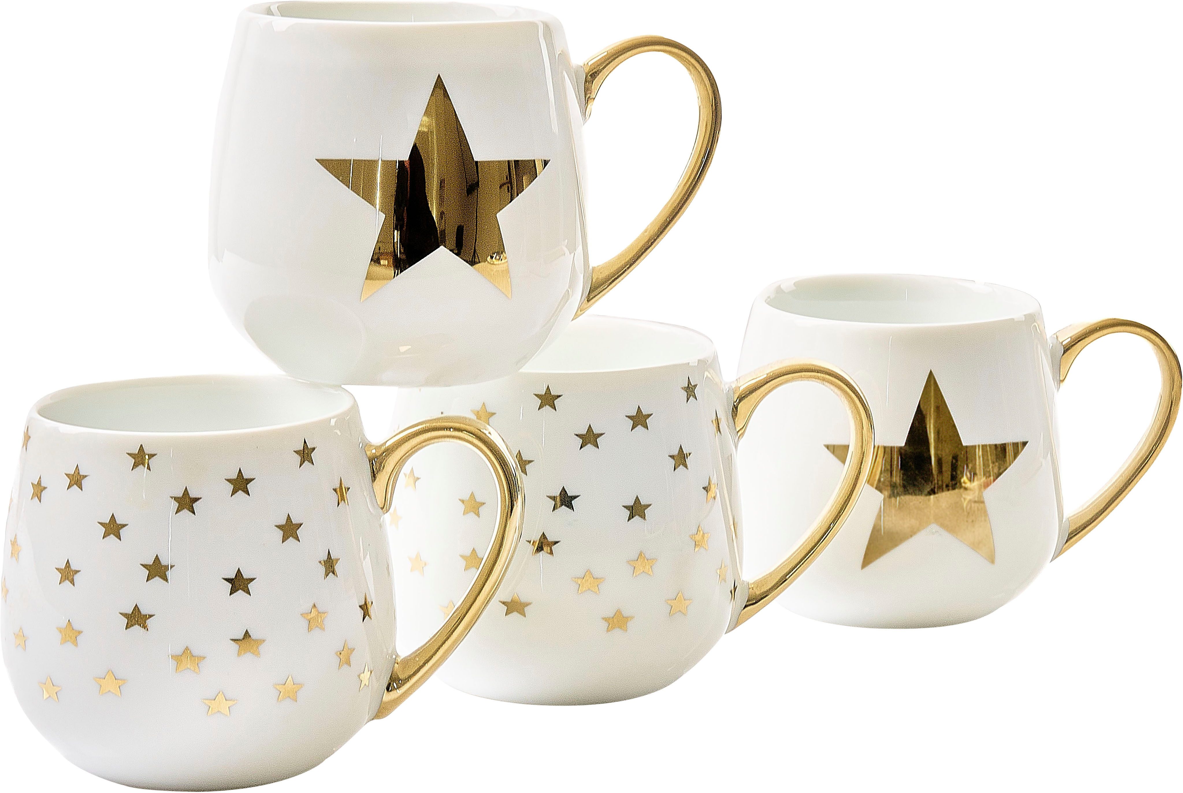 Retsch Arzberg Кружки GOLD STAR, Porzellan, zwei verschiedenen goldenen Sterndekoren im Set sortiert, 4-teilig